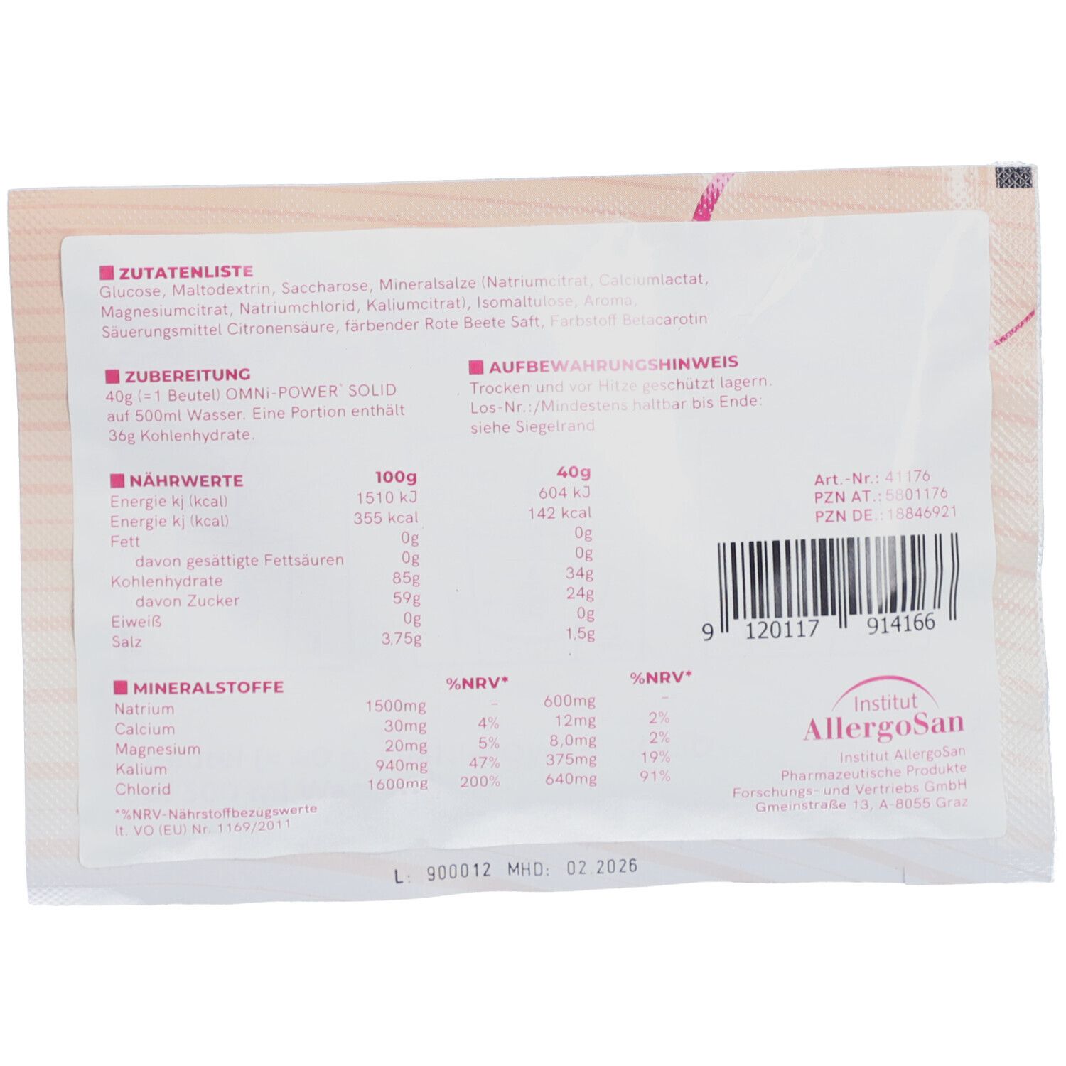 Rückseite des OMNiPOWER SOLID-Beutels. Zutatenliste, Nährwertangaben und Barcode. Institut Allergosan-Logo.