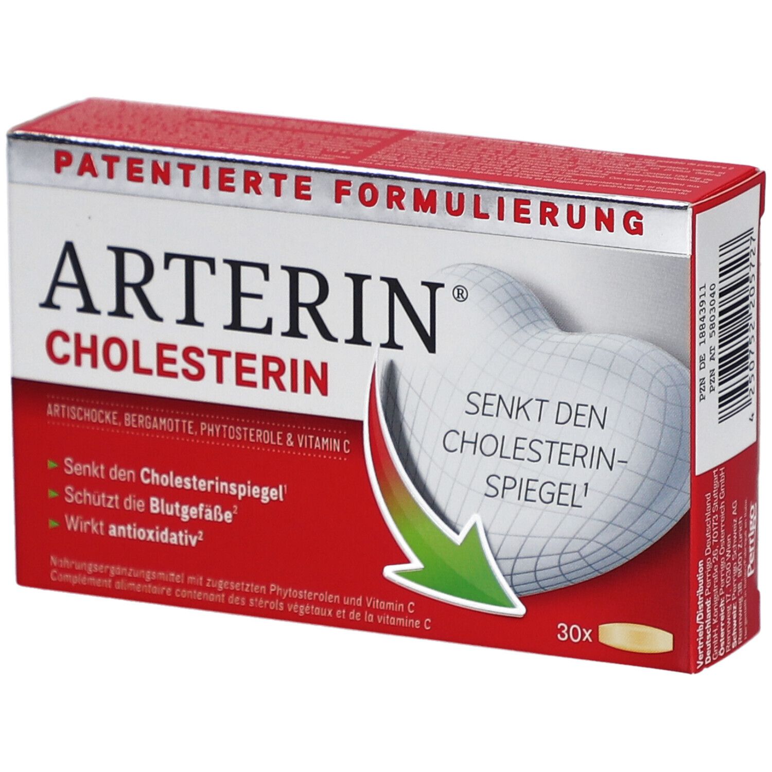 Rote Schachtel mit ARTERIN® Cholesterin. Aufschrift: Senkt den Cholesterinspiegel. 30 Tabletten.