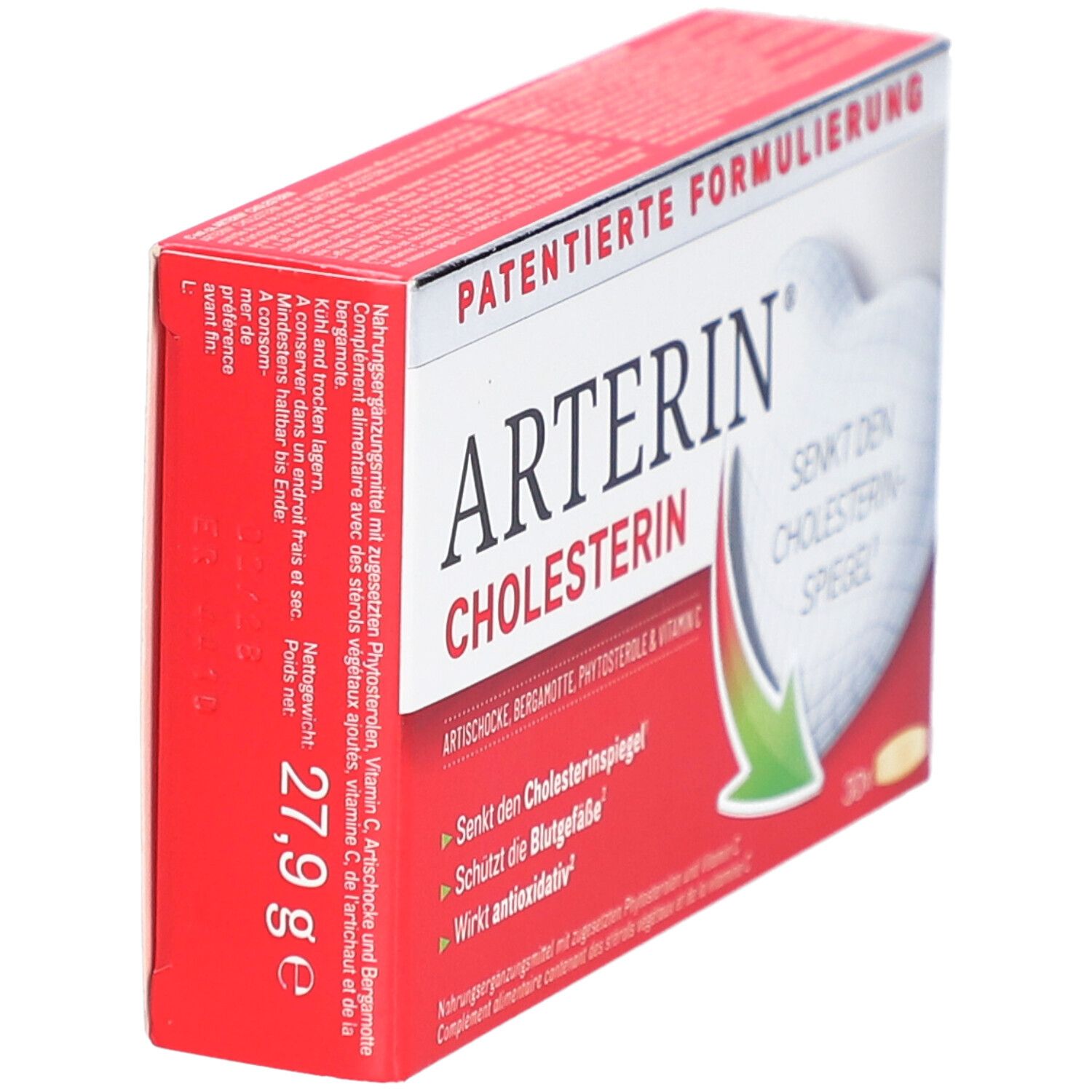 Rote Schachtel ARTERIN® Cholesterin. Aufschrift: Patentierte Formulierung. Gewicht: 27,9 g.