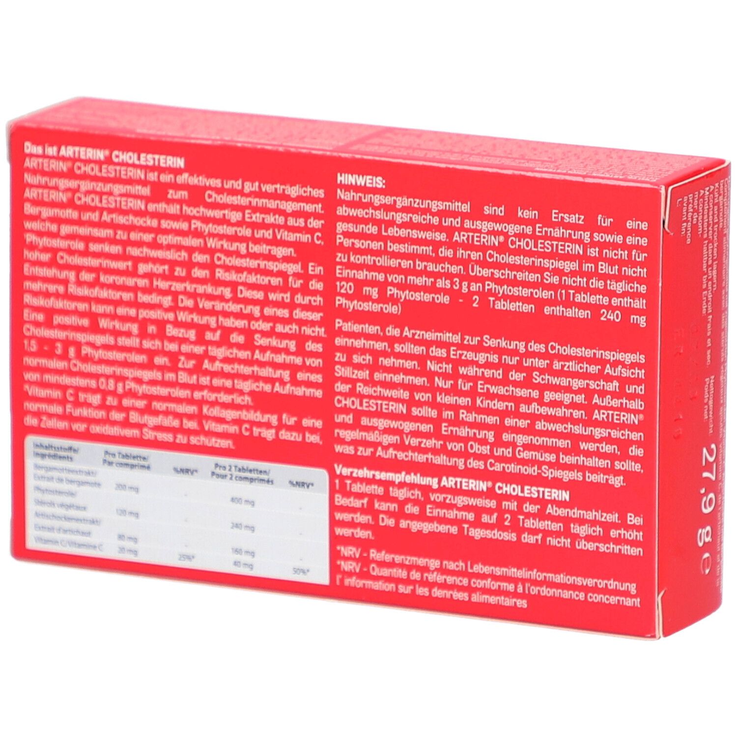 Rote Schachtel ARTERIN® Cholesterin. Rückseite mit Informationen und Nährwerttabelle. Gewicht: 27,9 g.