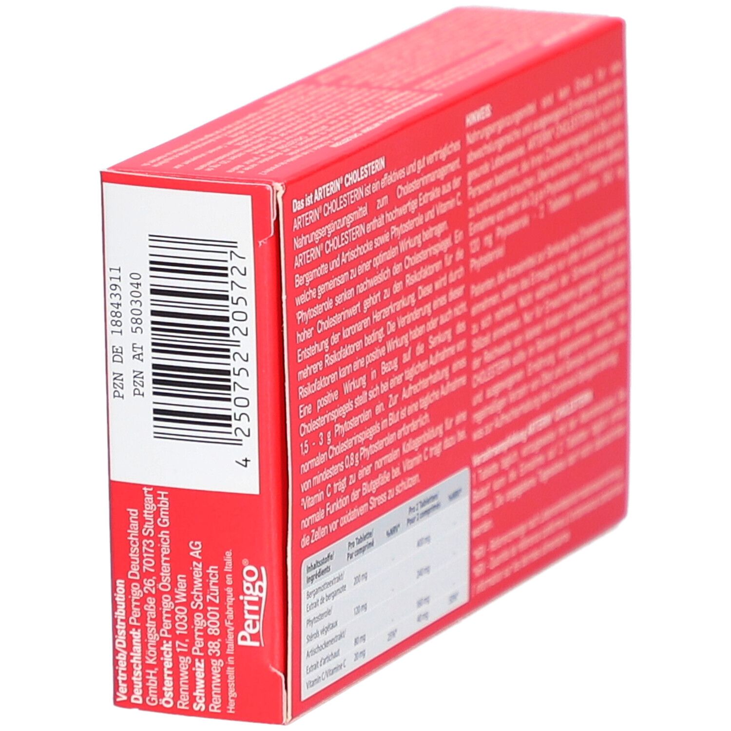 Rote Schachtel ARTERIN® Cholesterin. Seite mit Barcode und Herstellerinformationen.
