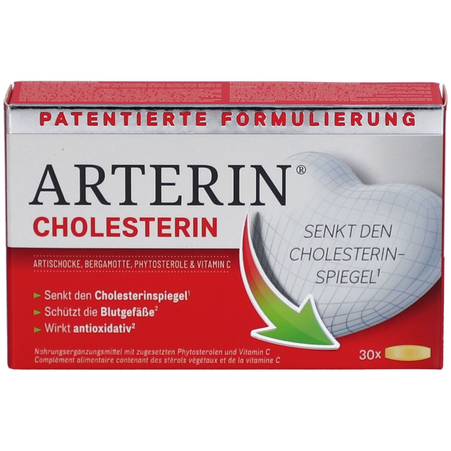 Rote Schachtel ARTERIN® Cholesterin. Aufschrift: Patentierte Formulierung. 30 Tabletten.