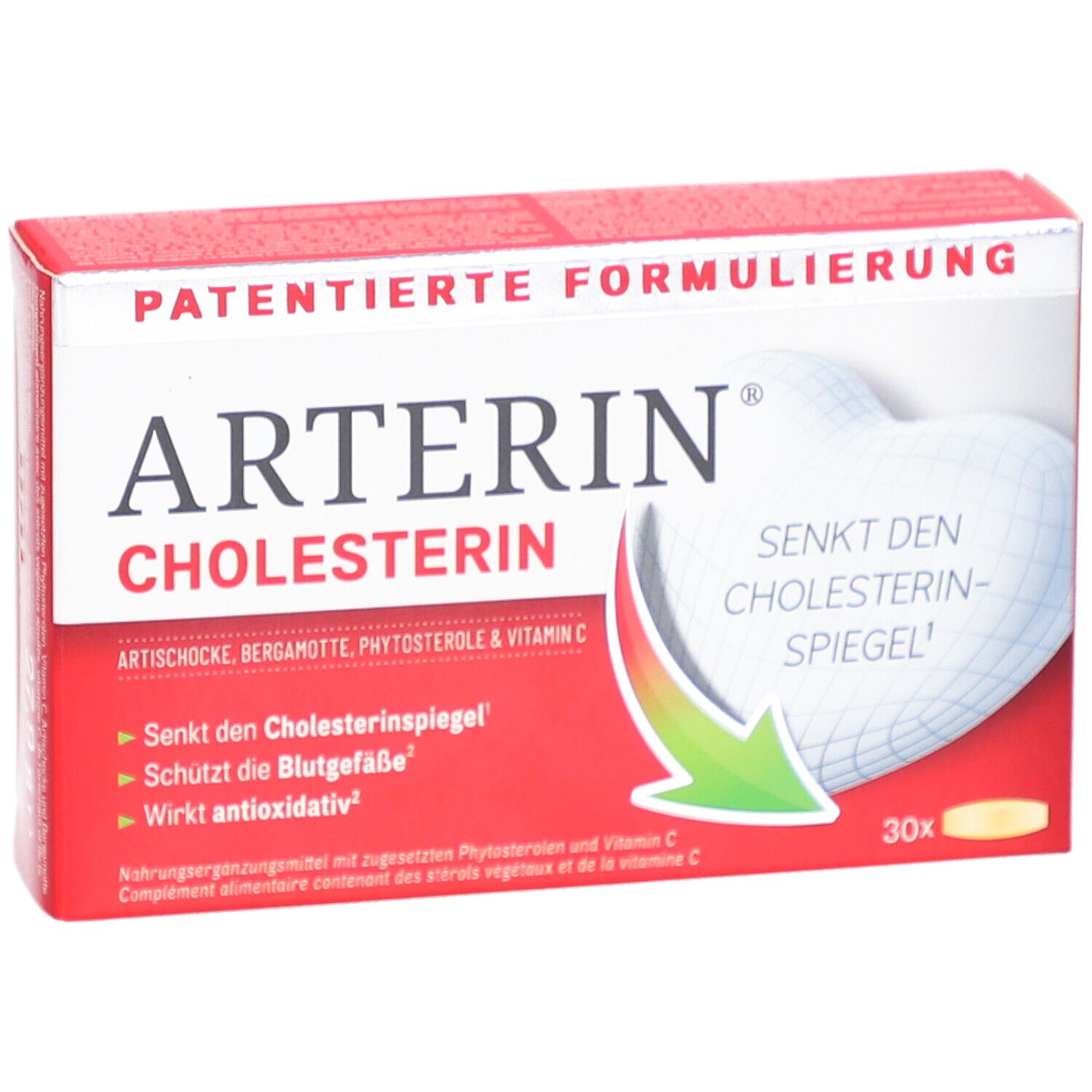 Rote Schachtel ARTERIN® Cholesterin. Aufschrift: Patentierte Formulierung. 30 Tabletten.