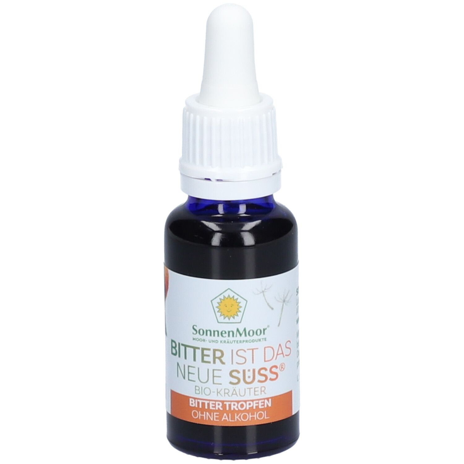 Braune Glasflasche mit weißem Tropfer. Aufschrift: SonnenMoor, Bitter ist das neue Süß, Bio-Kräuter, Bitter Tropfen ohne Alkohol.