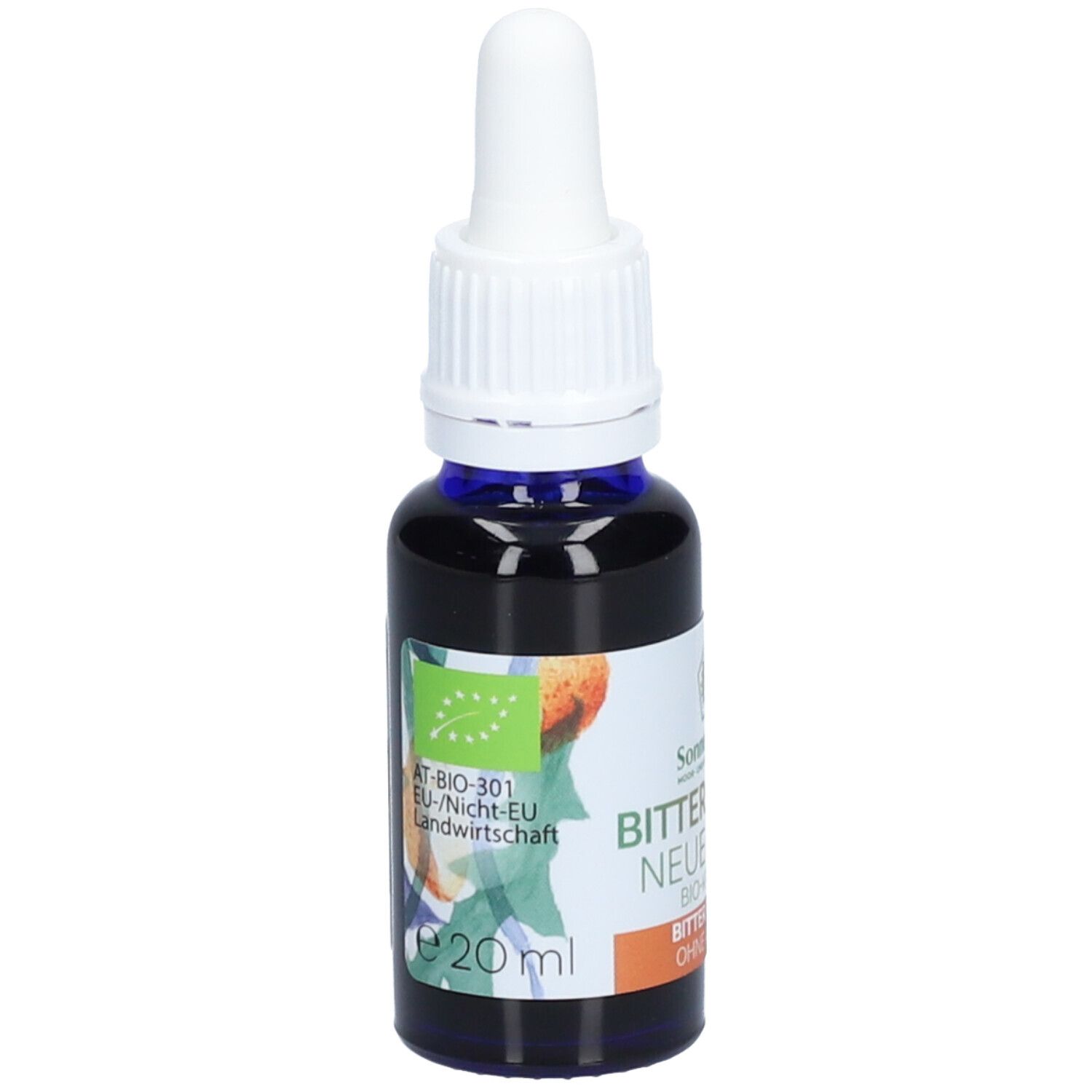 Braune Glasflasche mit weißem Tropfer. Aufschrift: SonnenMoor, Bio-Kräuter, Bitter Tropfen ohne Alkohol. EU-Bio-Siegel.