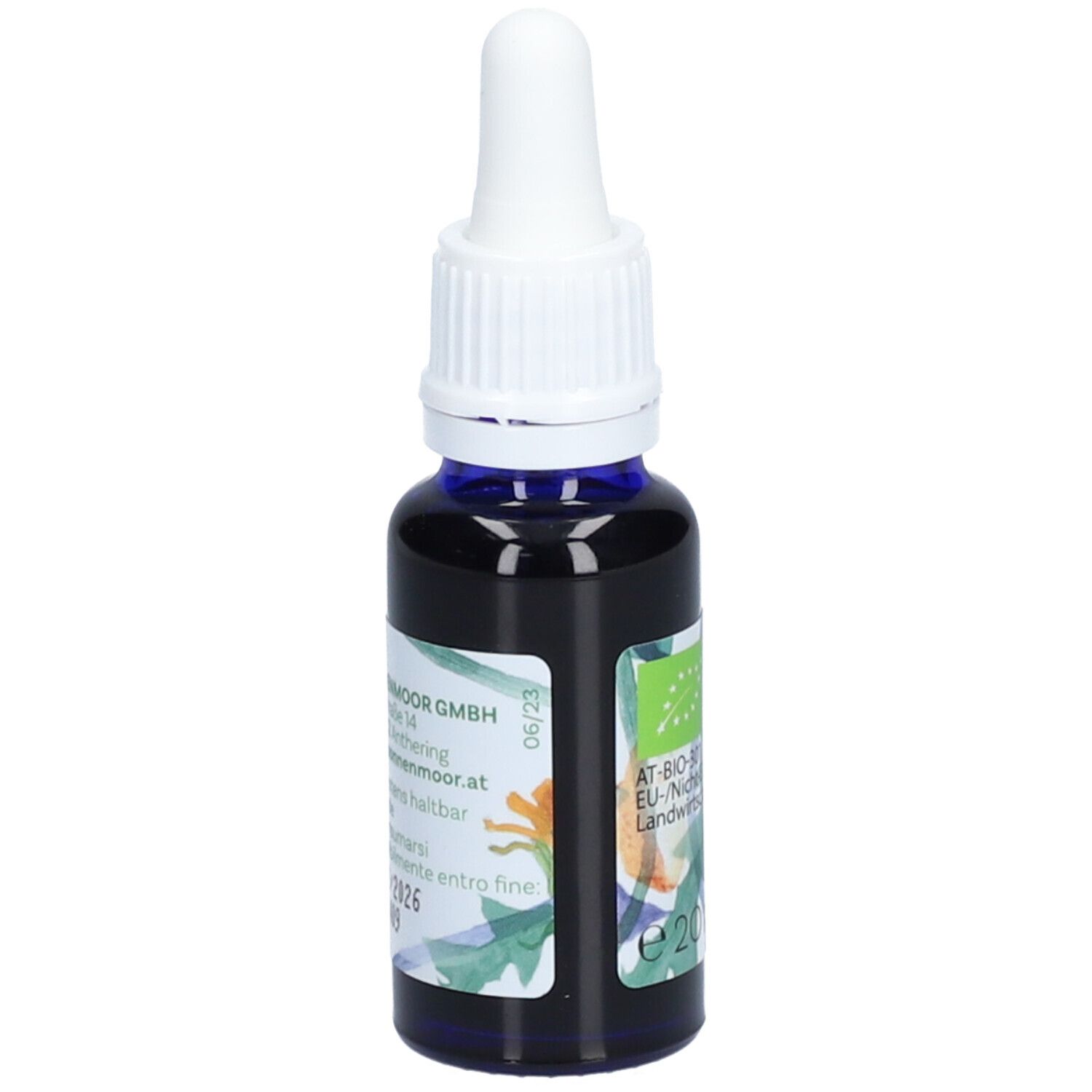 Braune Glasflasche mit weißem Tropfer. Aufschrift: SonnenMoor, Bio-Kräuter, Bitter Tropfen ohne Alkohol. EU-Bio-Siegel. E20ml.