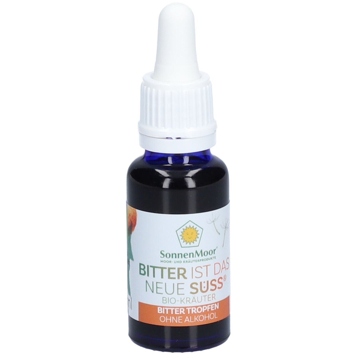 Braune Glasflasche mit weißem Tropfer. Aufschrift: SonnenMoor, Bitter ist das neue Süß, Bio-Kräuter, Bitter Tropfen ohne Alkohol.