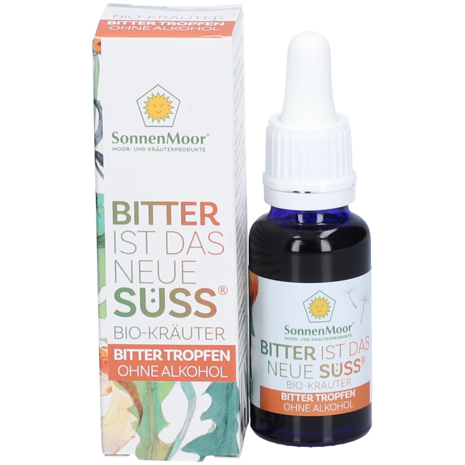 Braune Glasflasche mit weißem Tropfer und Karton. Aufschrift: SonnenMoor, Bitter ist das neue Süß, Bio-Kräuter, Bitter Tropfen ohne Alkohol.