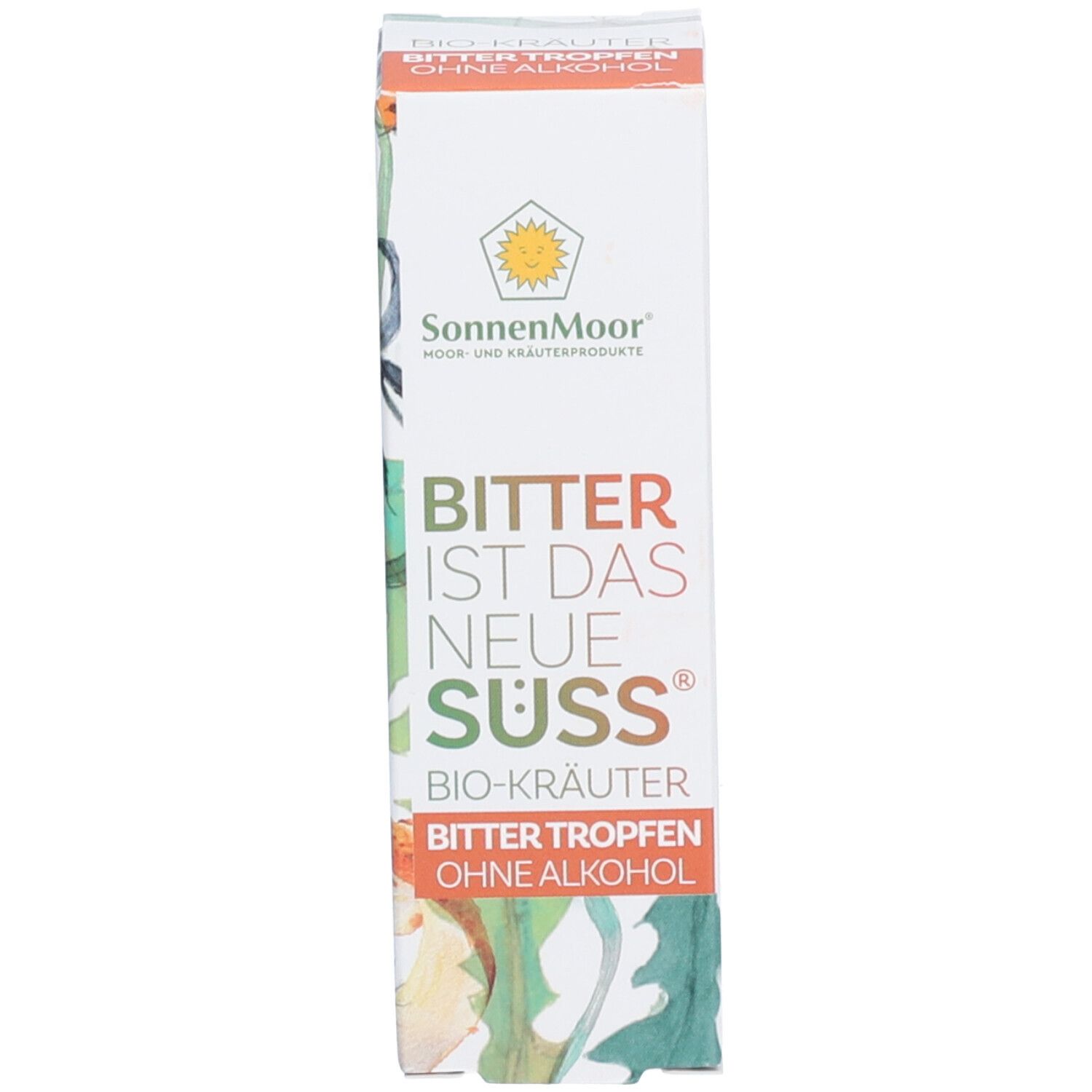Karton mit Aufschrift: SonnenMoor, Bitter ist das neue Süß, Bio-Kräuter, Bitter Tropfen ohne Alkohol.