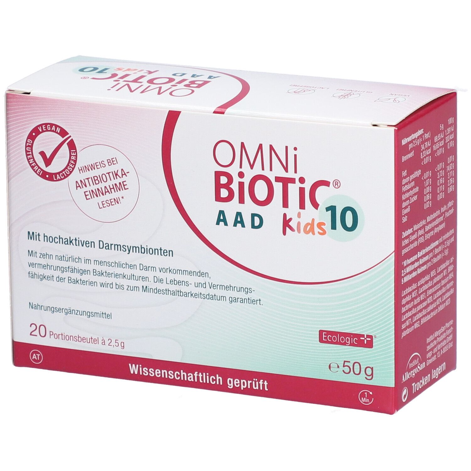 Box mit OMNi-BiOTiC® 10 AAD Kids. Aufdrucke: Vegan, glutenfrei, laktosefrei. 20 Portionsbeutel à 2,5g. Wissenschaftlich geprüft.