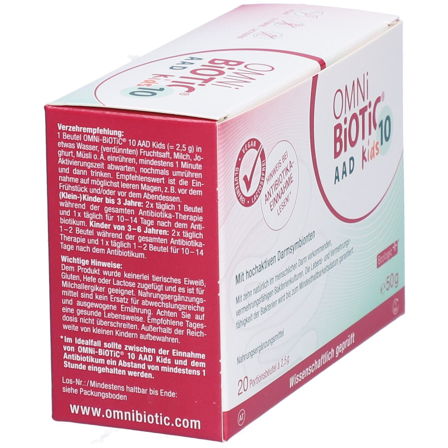 Box OMNi-BiOTiC® 10 AAD Kids. Aufdrucke: Vegan, glutenfrei, laktosefrei. 20 Portionsbeutel à 2,5g. Gebrauchsanweisung auf der Seite.