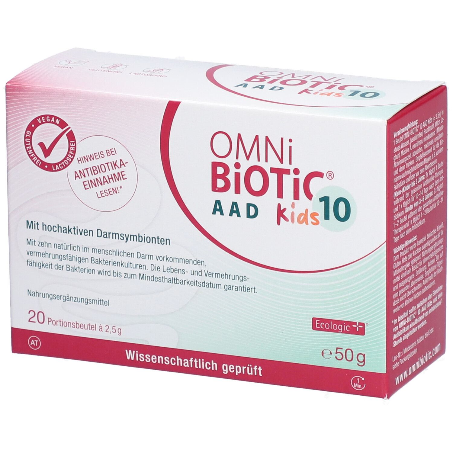 Box OMNi-BiOTiC® 10 AAD Kids. Aufdrucke: Vegan, glutenfrei, laktosefrei. 20 Portionsbeutel à 2,5g. Wissenschaftlich geprüft. Eckansicht.