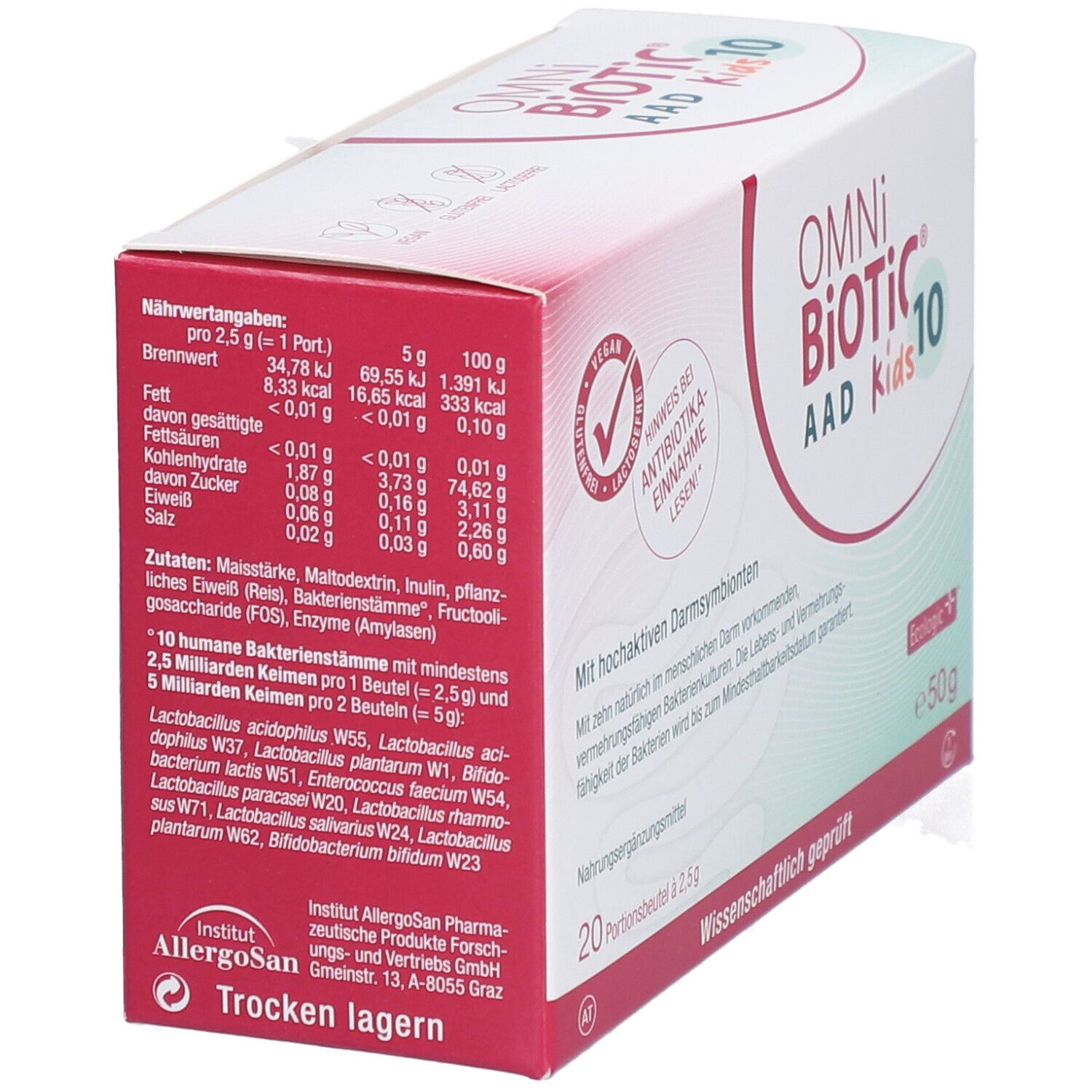 Box OMNi-BiOTiC® 10 AAD Kids. Nährwertangaben und Zutaten. 20 Portionsbeutel à 2,5g. Wissenschaftlich geprüft. Eckansicht.