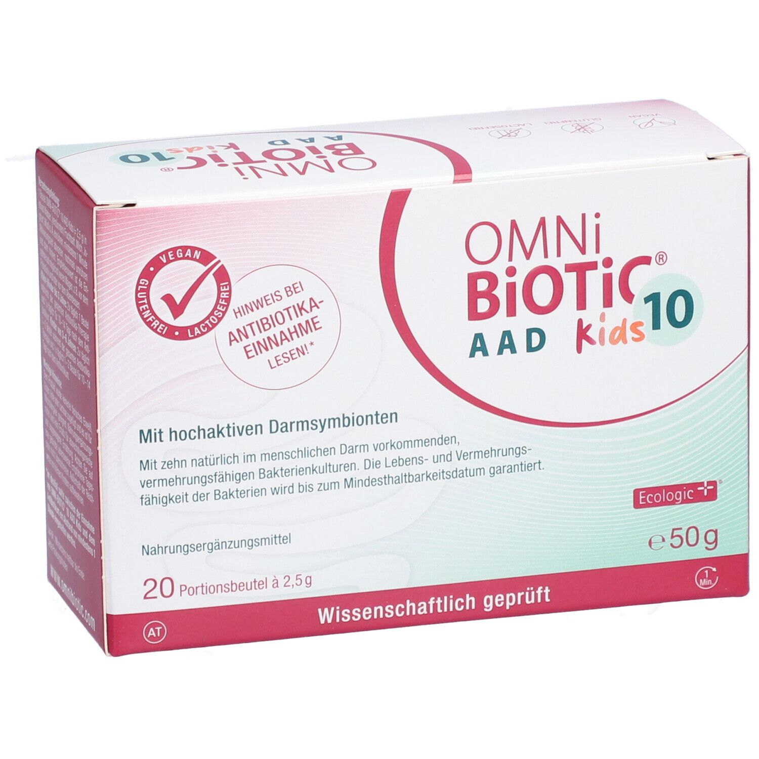 Box OMNi-BiOTiC® 10 AAD Kids. Aufdrucke: Vegan, glutenfrei, laktosefrei. 20 Portionsbeutel à 2,5g. Wissenschaftlich geprüft.