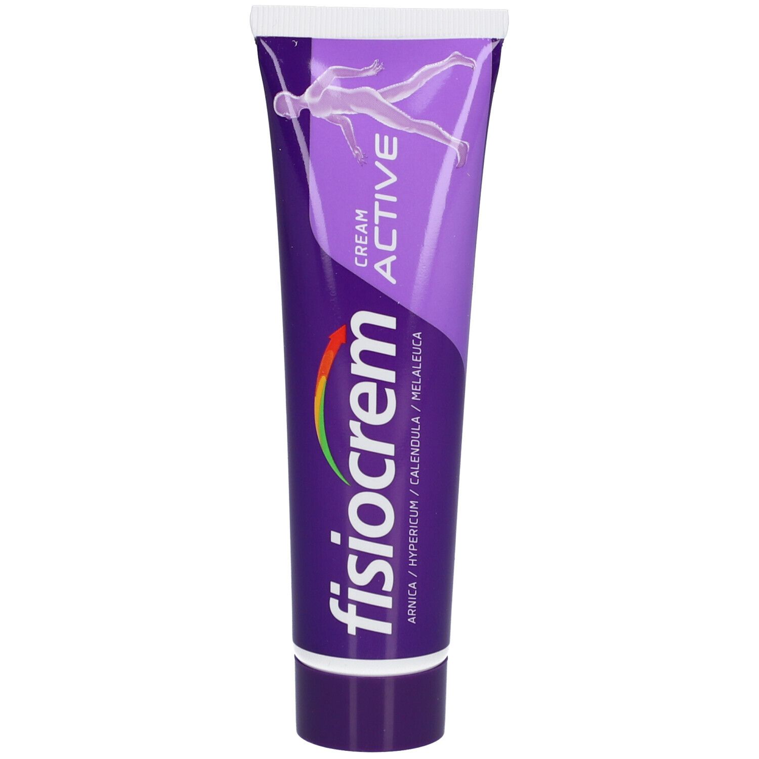Lila Tube mit weißem Deckel. Aufschrift: fisiocrem, Cream Active. Abbildung einer Person.