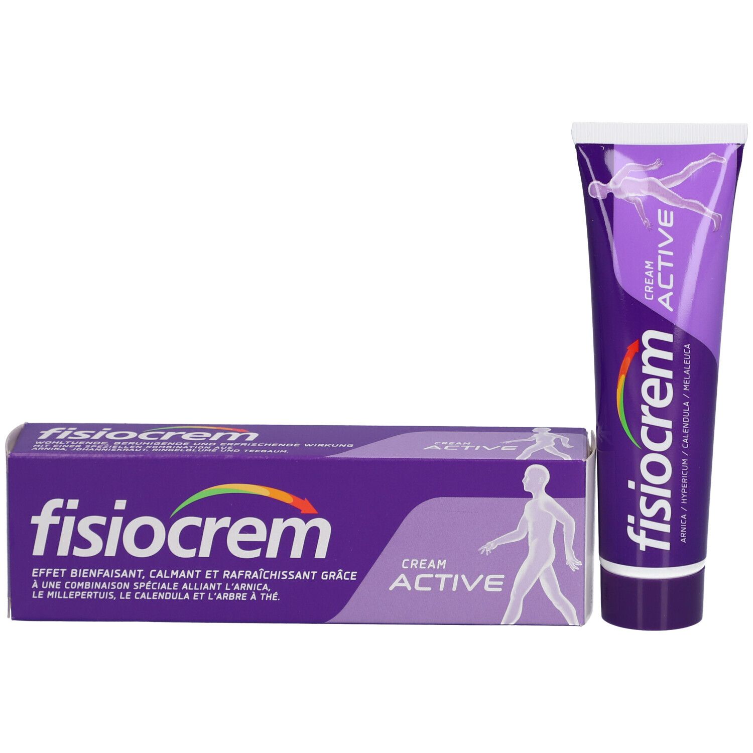 Tube und Schachtel. Aufschrift: fisiocrem, Cream Active. Abbildung einer Person auf der Schachtel.
