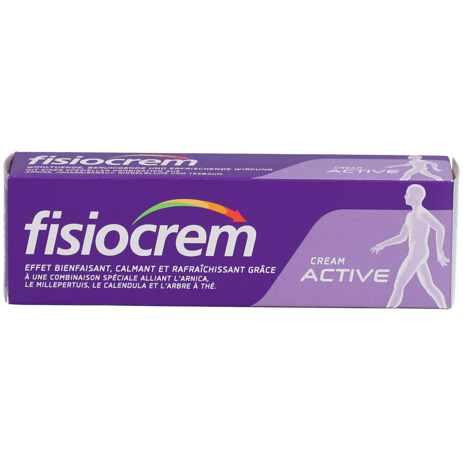 Schachtel. Aufschrift: fisiocrem, Cream Active. Abbildung einer Person.