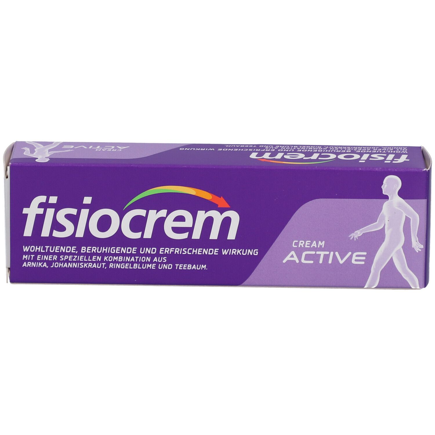 Schachtel. Aufschrift: fisiocrem, Cream Active. Text in mehreren Sprachen.