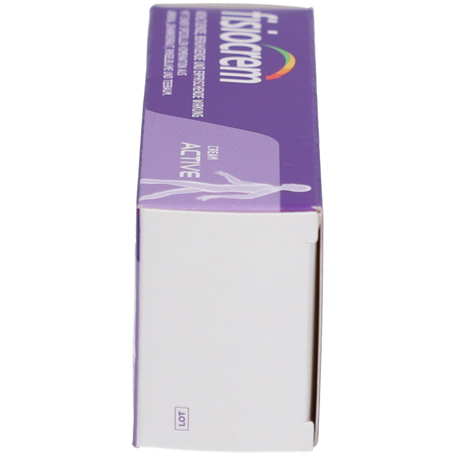 Schachtel, Seitenansicht. Aufschrift: fisiocrem, Cream Active.