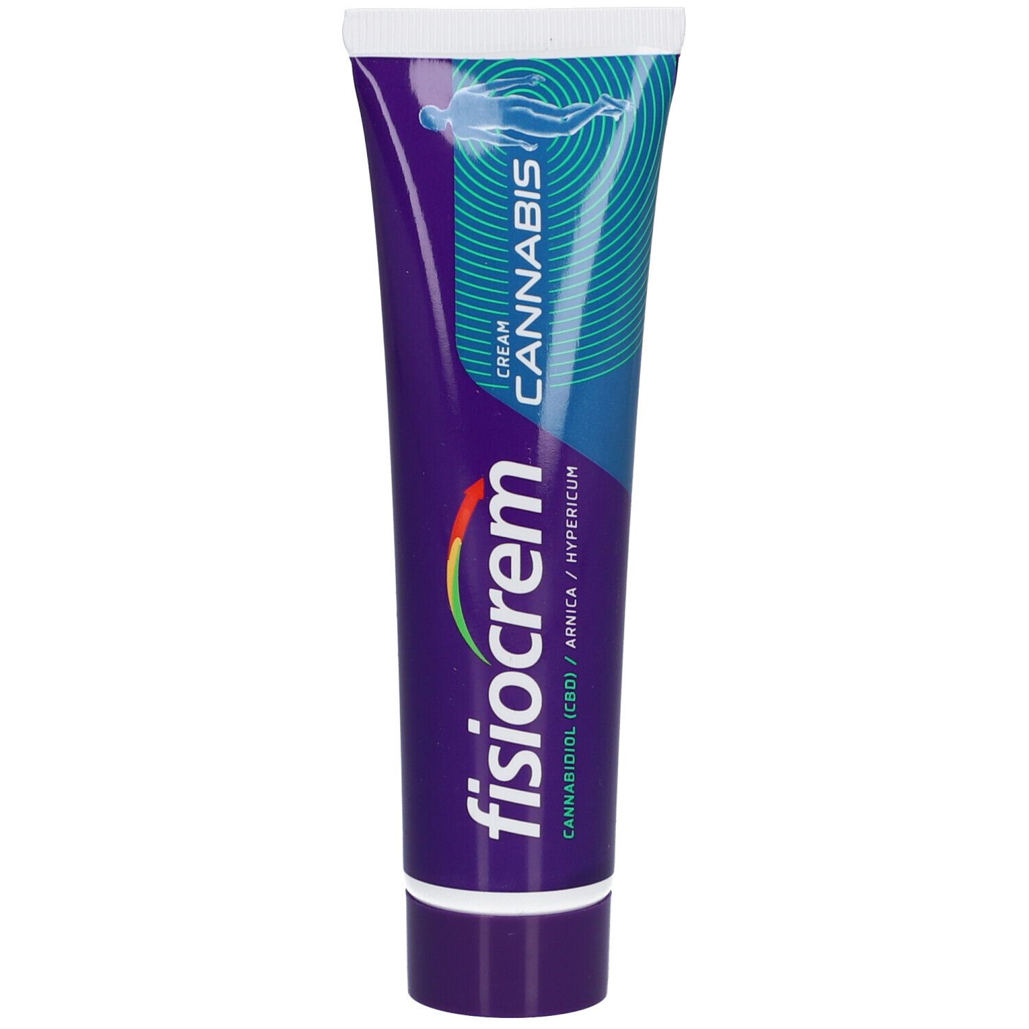 Tube mit fisiocrem Cannabis Creme. Lila, weiß und blau. Aufschrift: Cannabis, Cannabidiol (CBD), Arnica, Hypericum.