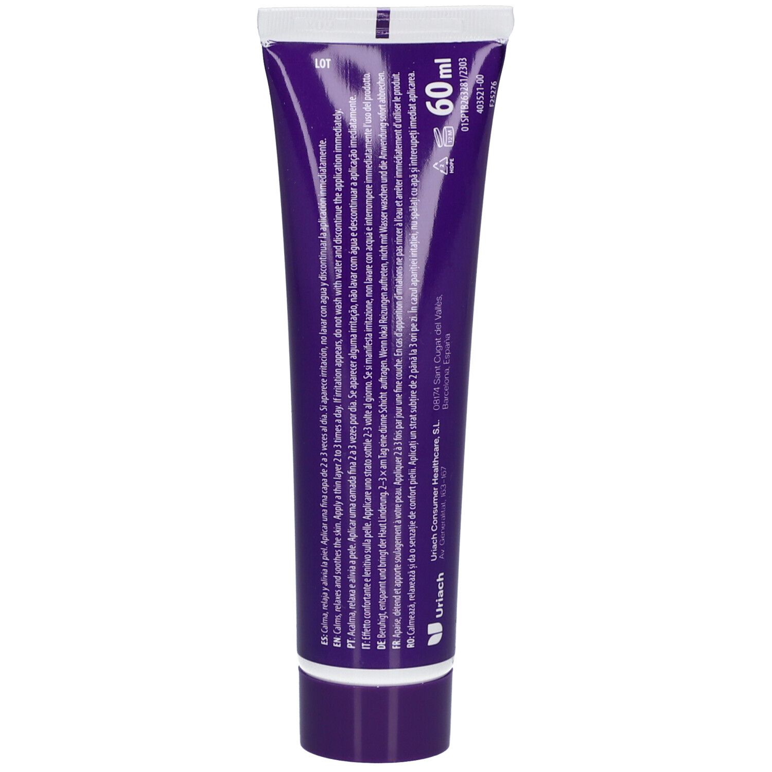 Rückseite einer Tube fisiocrem Cannabis Creme. Lila mit Text. Oben: 60ml. Unten: Herstellerinformationen.
