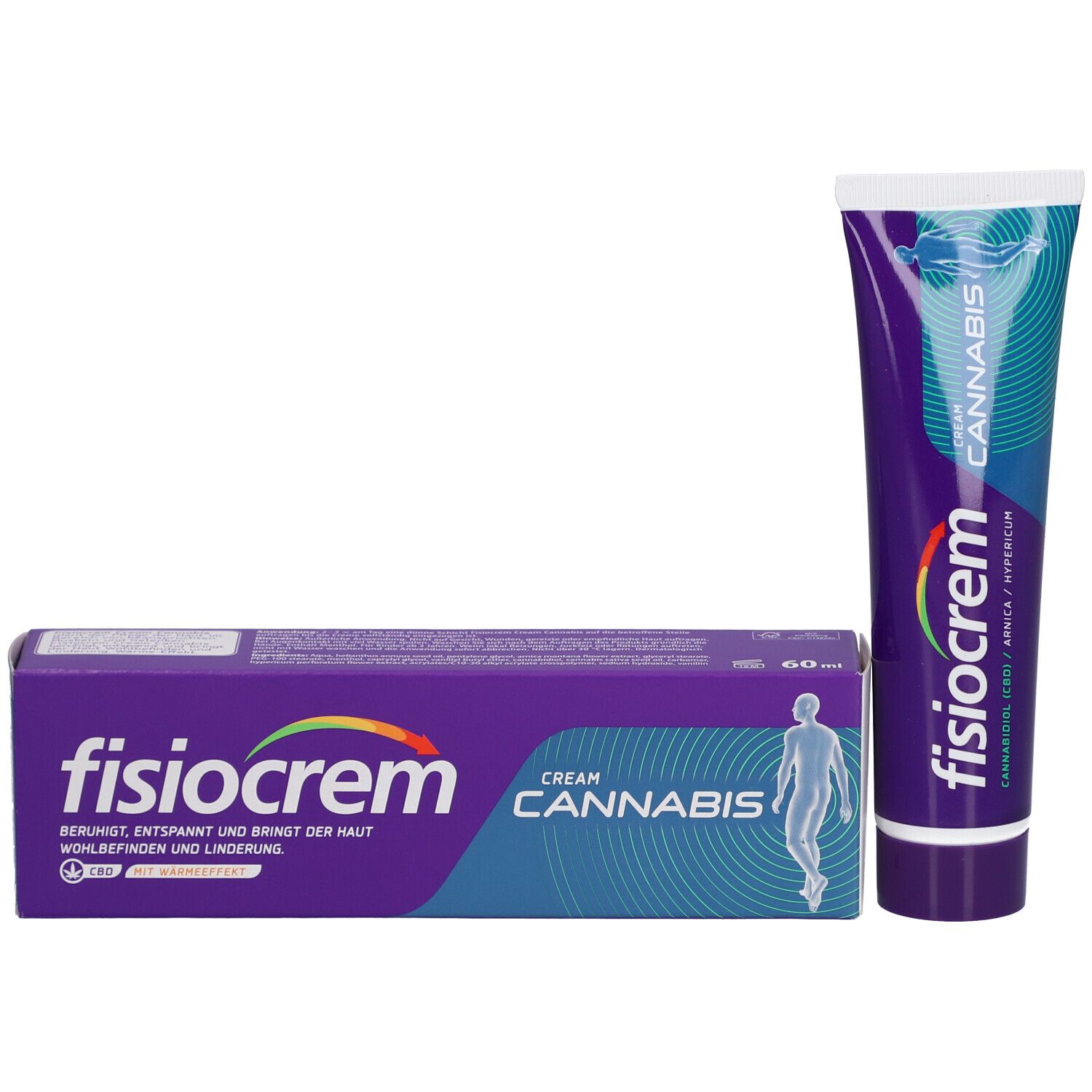 Packung und Tube fisiocrem Cannabis Creme. Packung: lila, weiß, blau. Tube: lila, weiß, blau. Aufschrift: Cannabis.