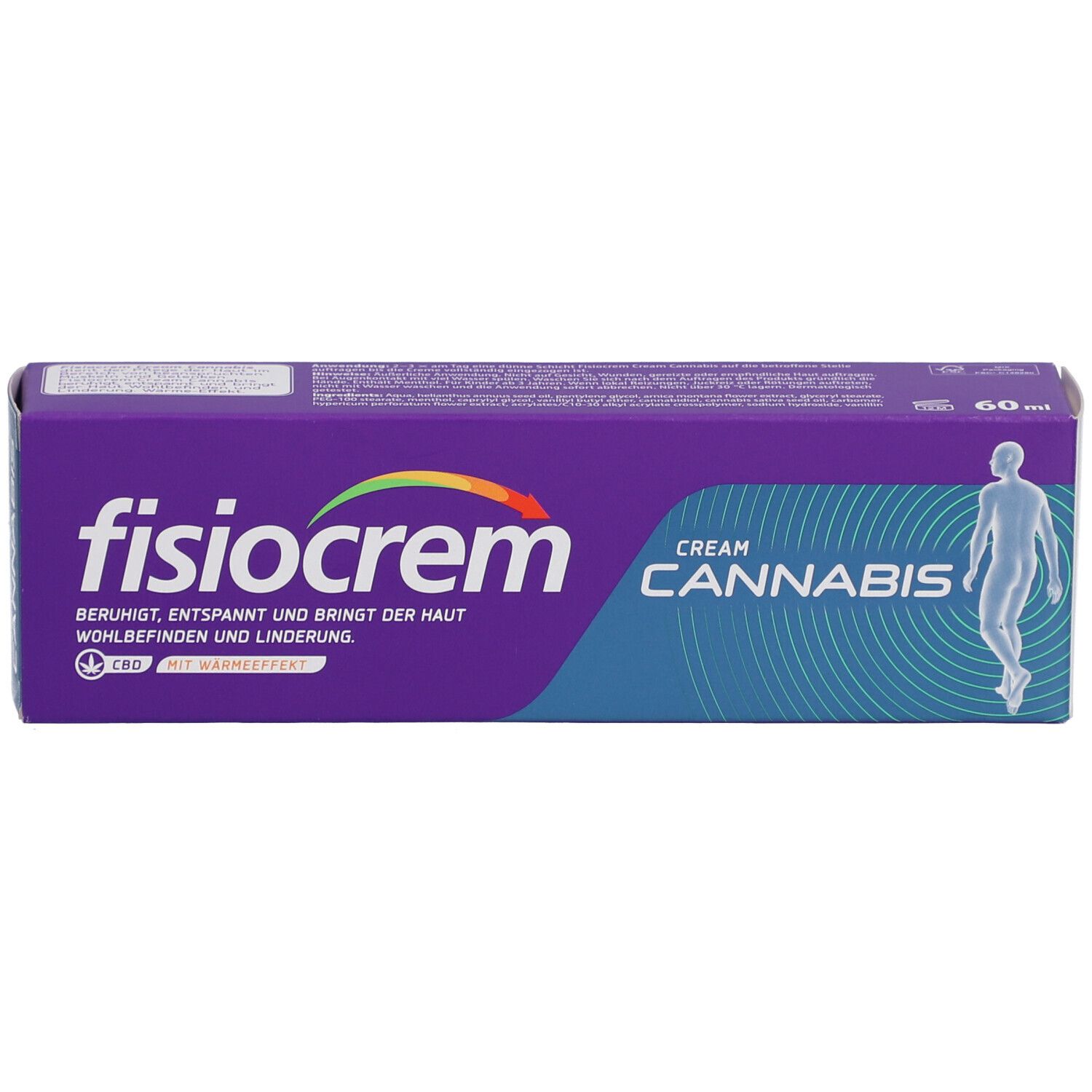 Packung fisiocrem Cannabis Creme. Lila, weiß, blau. Aufschrift: fisiocrem, Cannabis, CBD. Mit Wärme-Effekt.