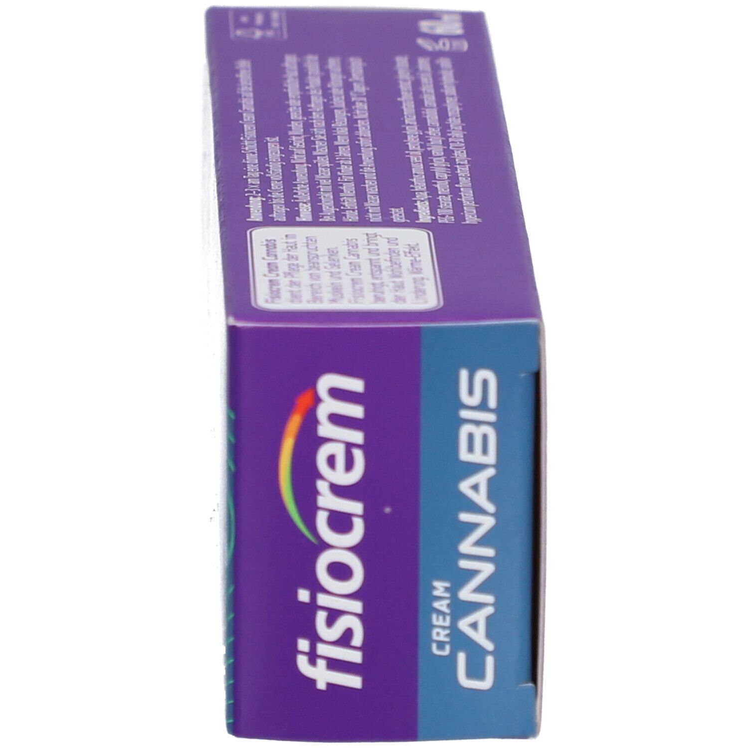 Seitenansicht der Packung fisiocrem Cannabis Creme. Lila, weiß, blau. Aufschrift: fisiocrem, Cannabis. 60ml.