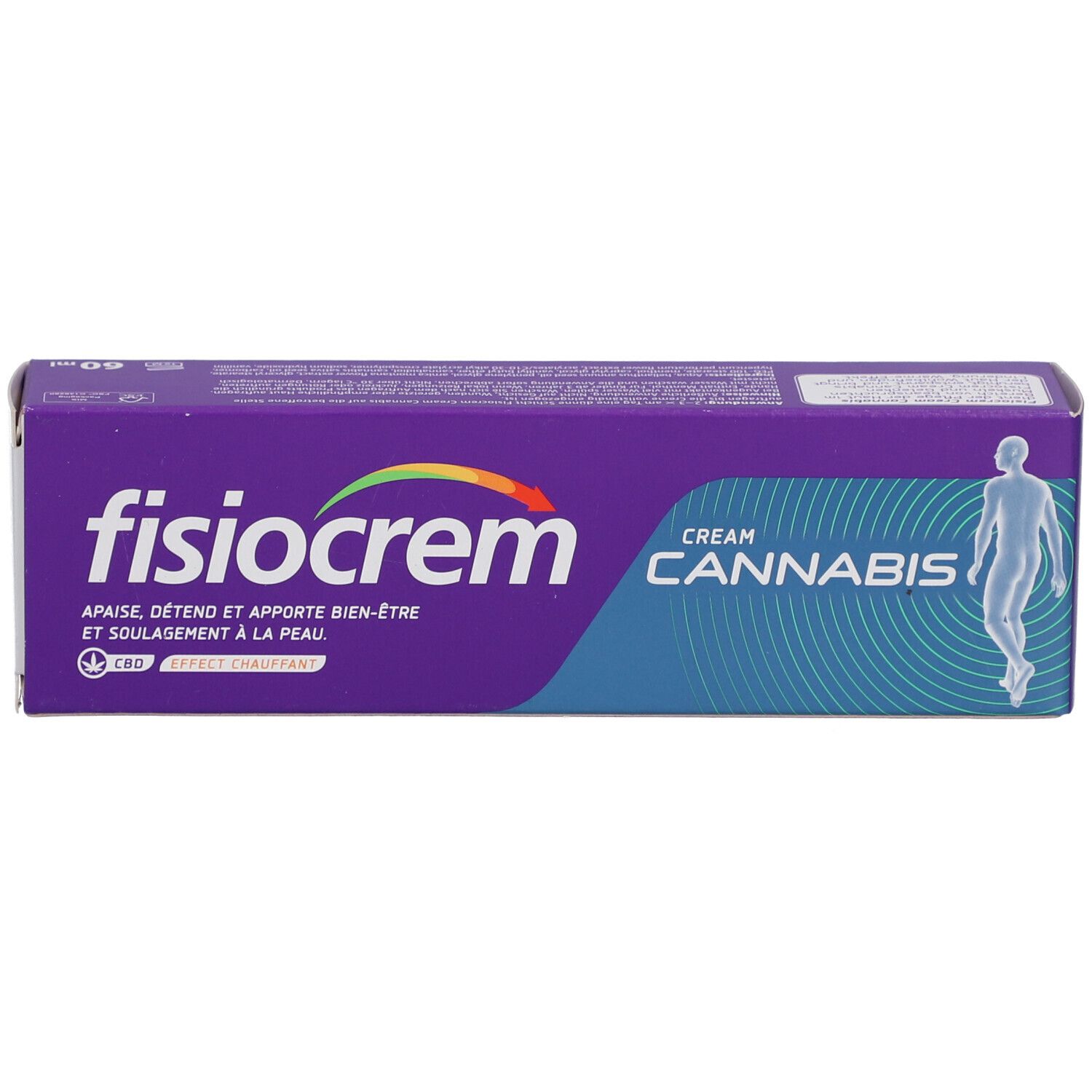 Packung fisiocrem Cannabis Creme. Lila, weiß, blau. Aufschrift: fisiocrem, Cannabis, CBD. Mit Wärme-Effekt.