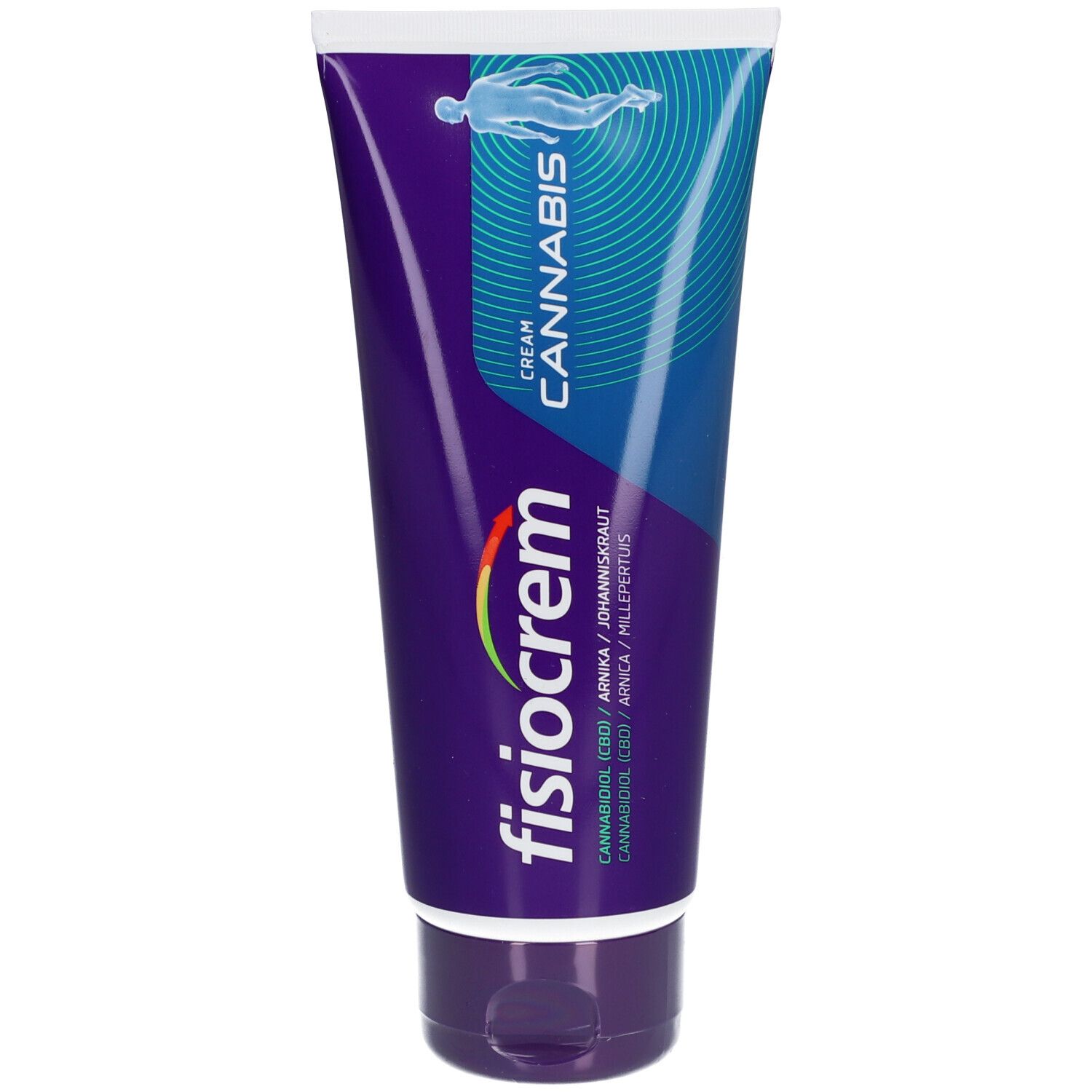 Tube mit lila-blauem Design. Aufschrift: fisiocrem, Cannabis Cream. Enthält Cannabidiol, Arnika und Johanniskraut. Abbildung einer Person.