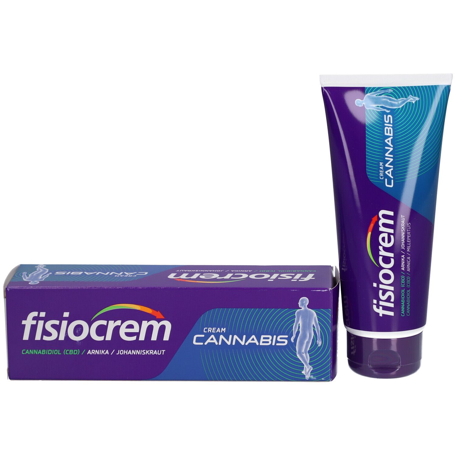 Packung und Tube. Packung: lila, Aufschrift fisiocrem, Cannabis Cream. Tube: lila-blau, Aufschrift fisiocrem, Cannabis Cream. Beide mit Abbildung einer Person.