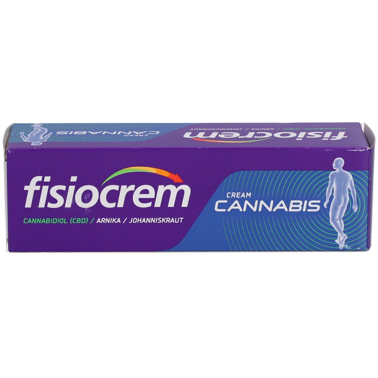 Lila Packung. Aufschrift: fisiocrem, Cannabis Cream. Enthält Cannabidiol, Arnika und Johanniskraut. Abbildung einer Person.