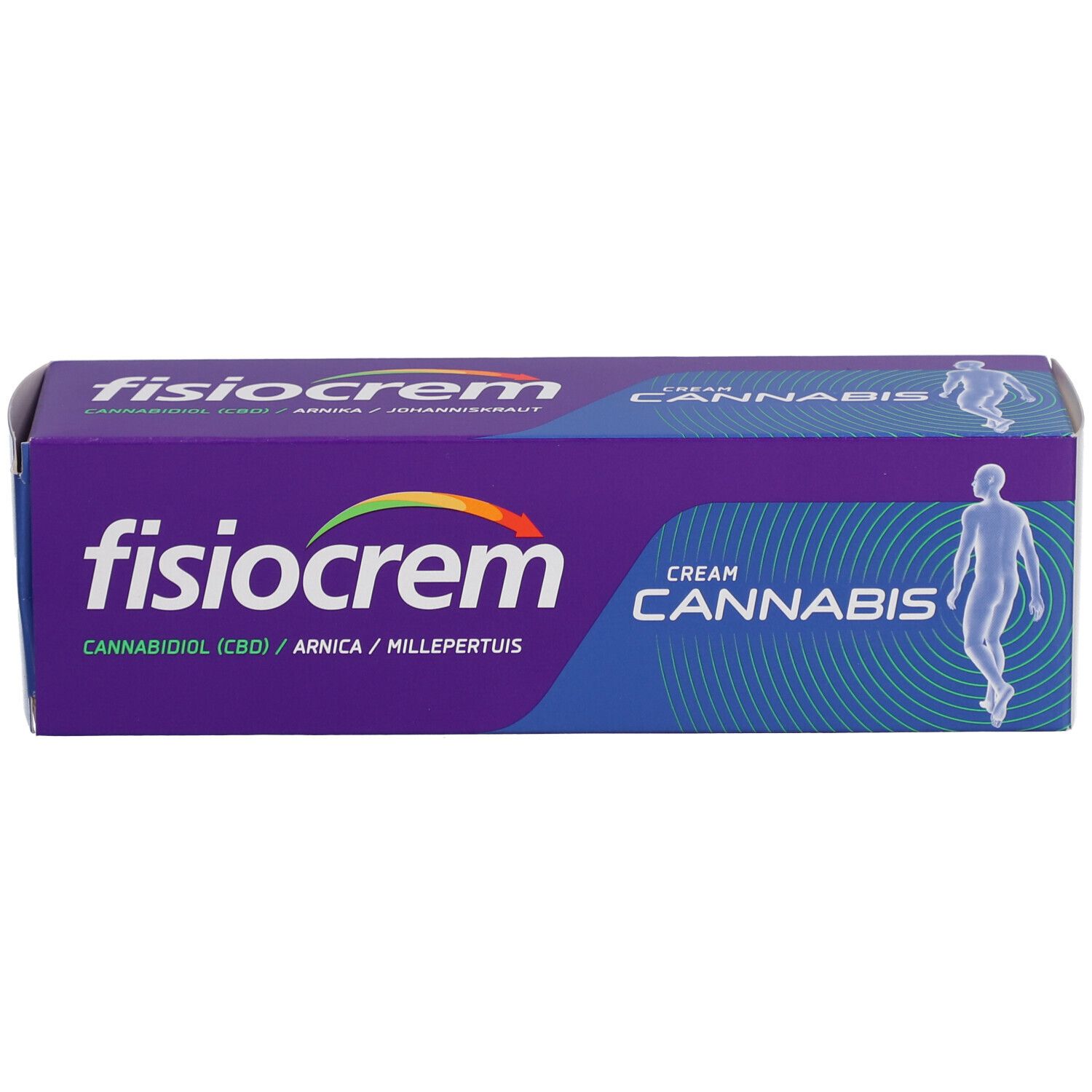 Packung. Aufschrift: fisiocrem, Cannabis Cream. Enthält Cannabidiol, Arnika und Millepertuis. Abbildung einer Person.
