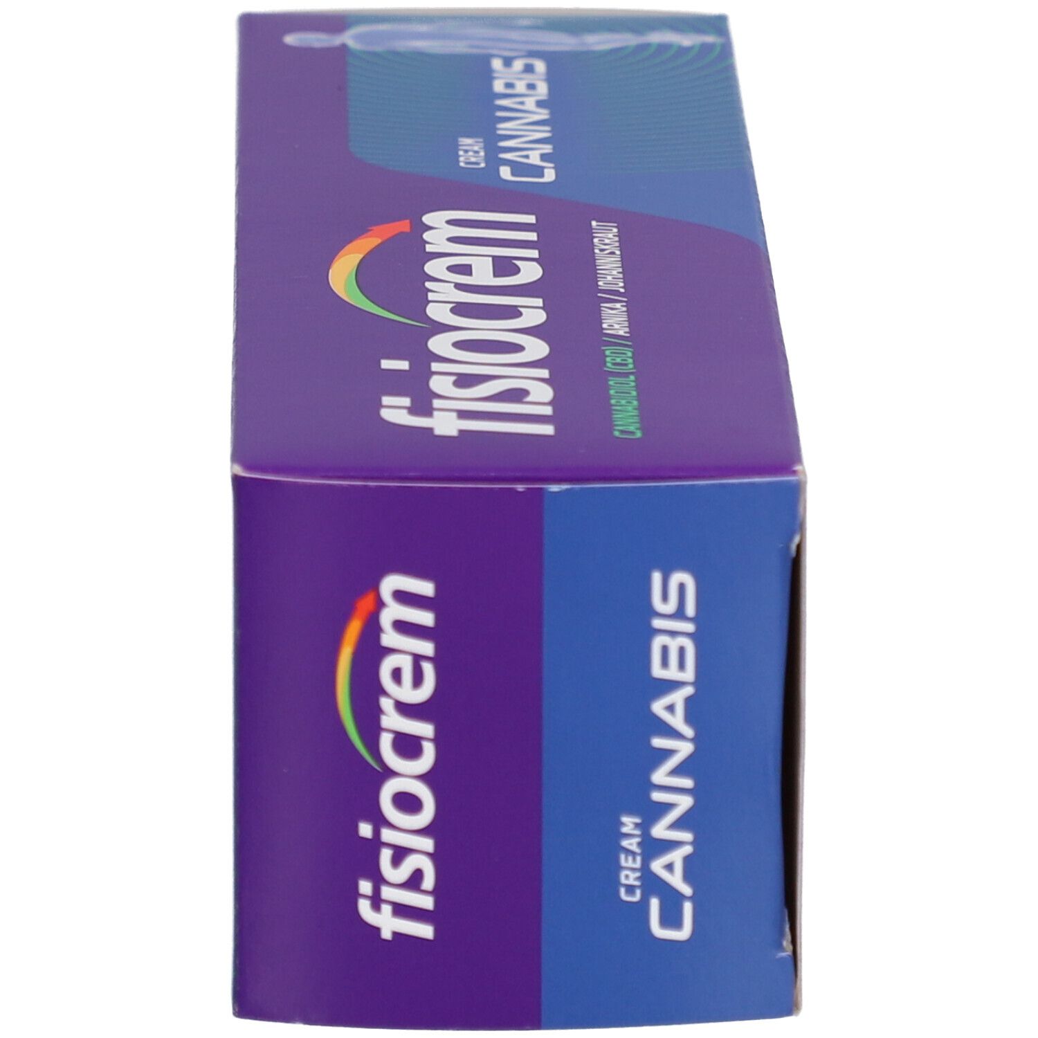 Packung, Seitenansicht. Aufschrift: fisiocrem, Cannabis Cream. Enthält Cannabidiol, Arnika und Johanniskraut. Logo.