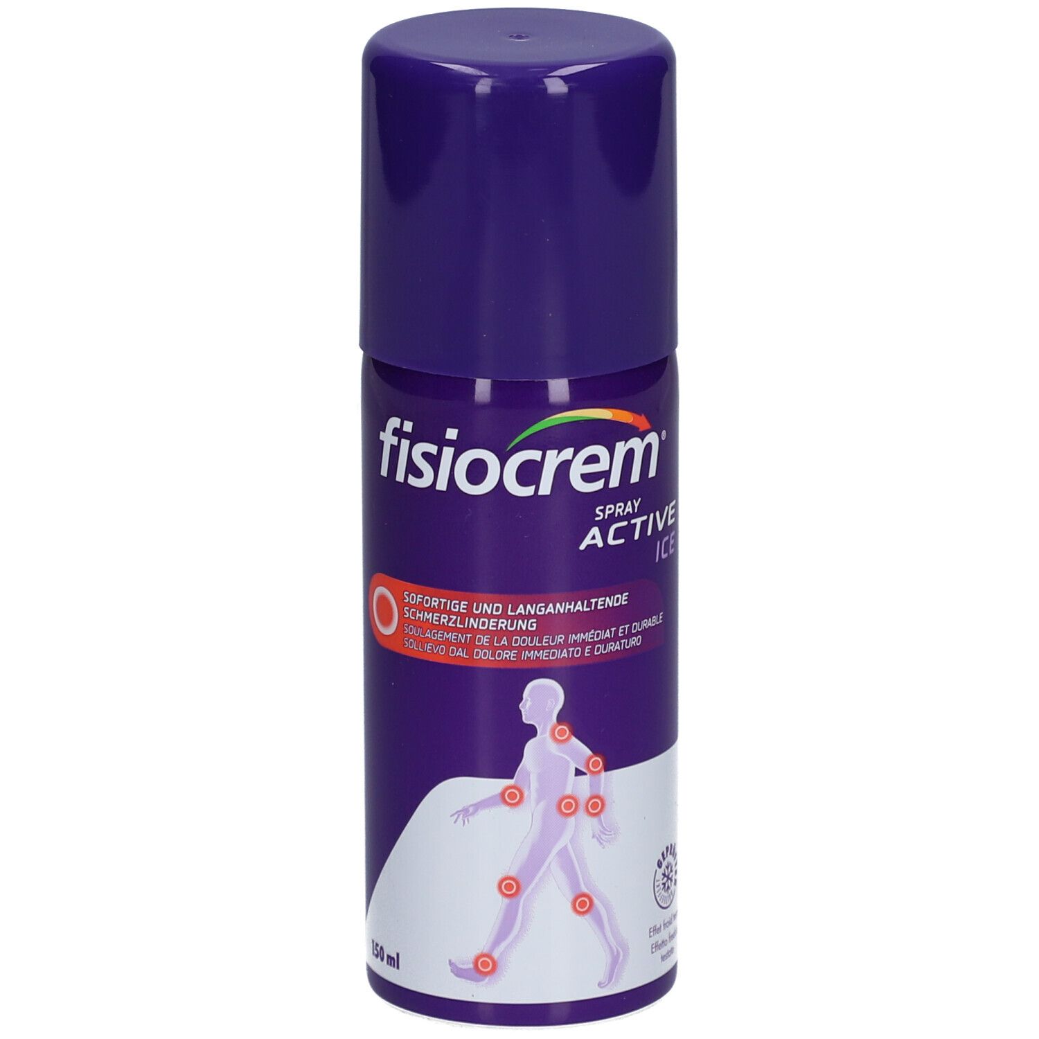 Fisiocrem Active Ice Spray, violette Sprühdose. Aufschrift: Sofortige und langanhaltende Schmerzlinderung. Abbildung eines menschlichen Körpers.