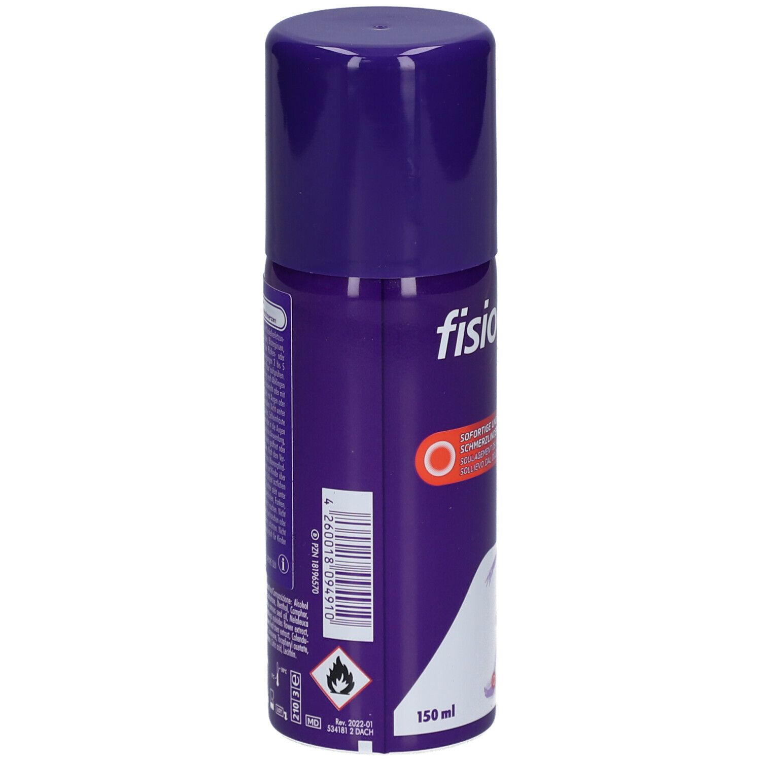 Fisiocrem Active Ice Spray, violette Sprühdose. Rückseite mit Barcode, Warnhinweis und Inhaltsangaben. Fassungsvermögen: 150 ml.
