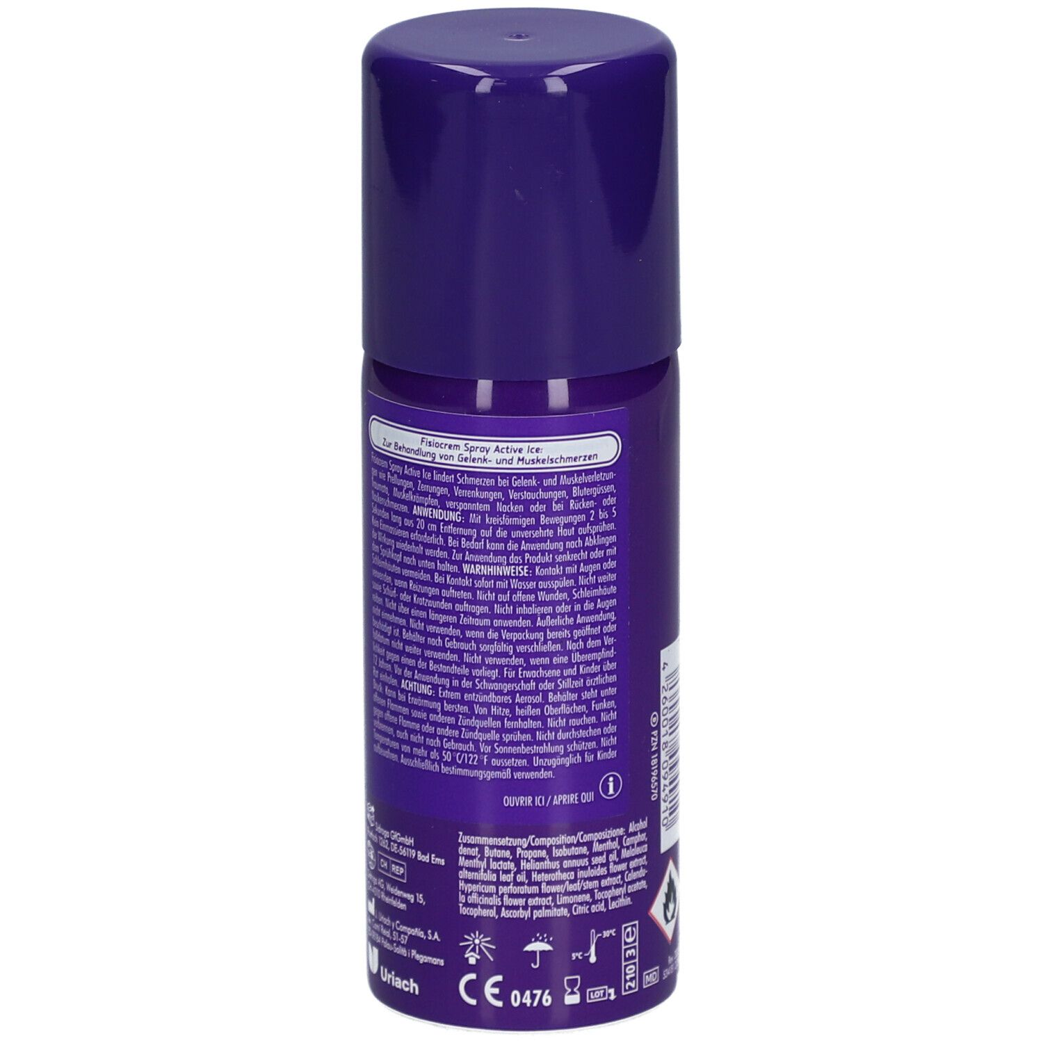 Fisiocrem Active Ice Spray, violette Sprühdose. Rückseite mit Textinformationen und Warnhinweisen. Fassungsvermögen: 150 ml.