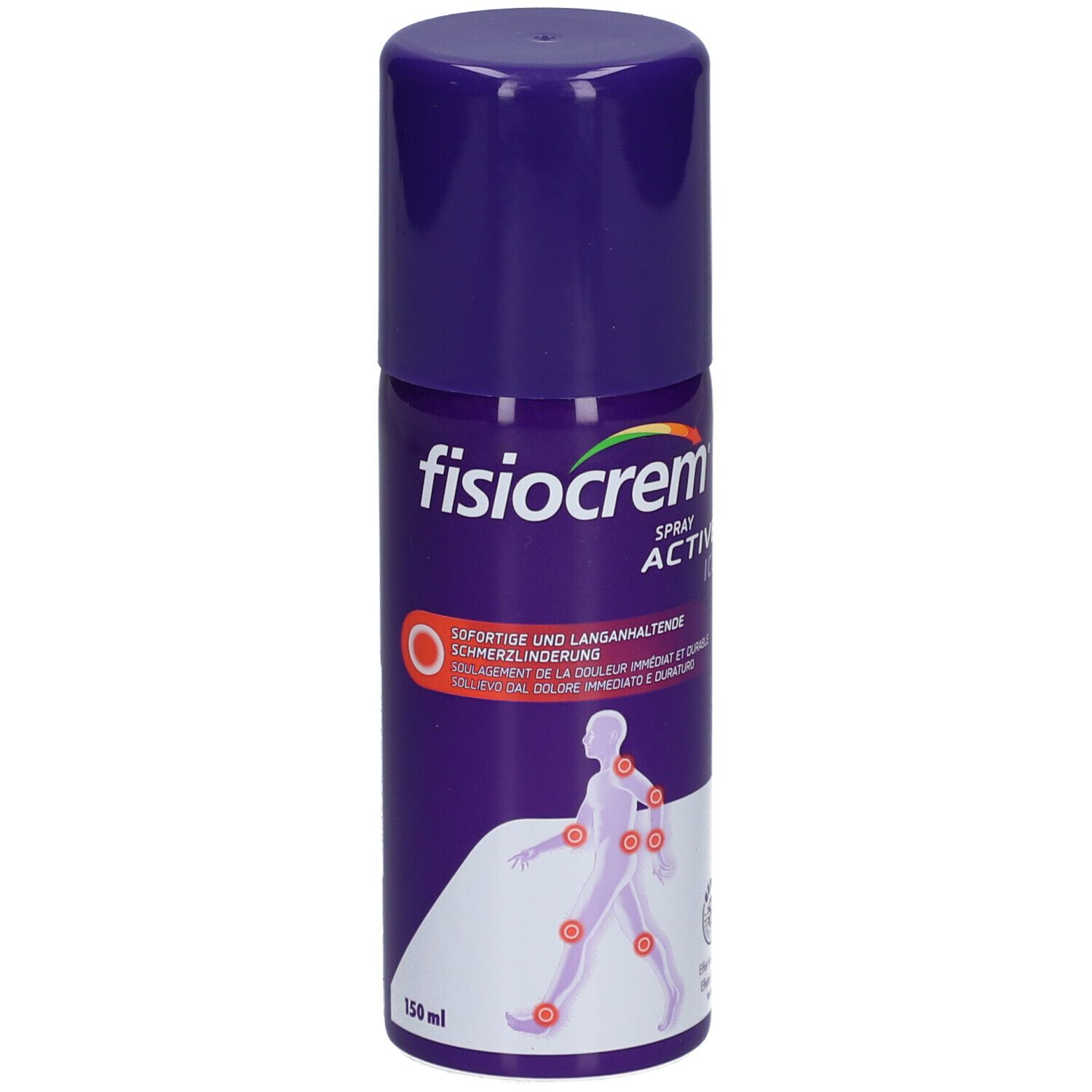 Fisiocrem Active Ice Spray, violette Sprühdose. Aufschrift: Sofortige und langanhaltende Schmerzlinderung. Abbildung eines menschlichen Körpers.