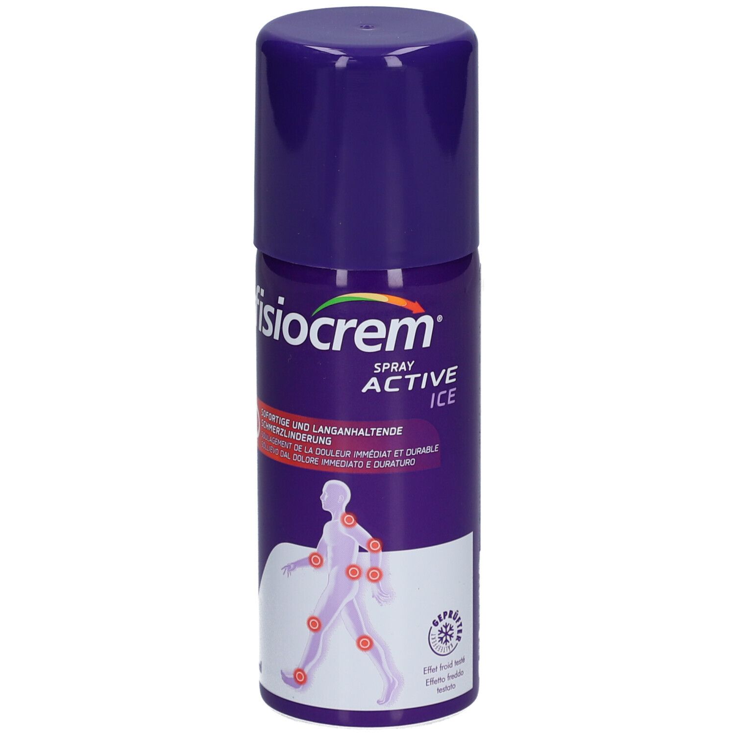 Fisiocrem Active Ice Spray, violette Sprühdose. Aufschrift: Active Ice. Abbildung eines menschlichen Körpers mit roten Punkten.