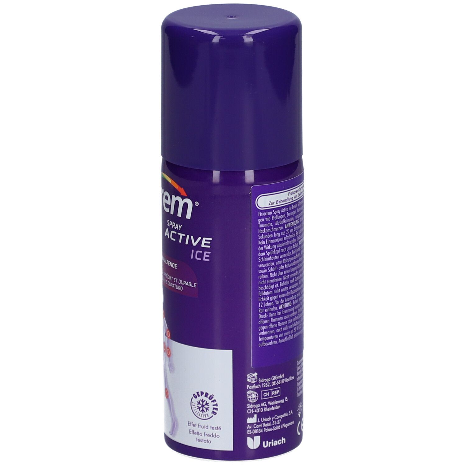 Fisiocrem Active Ice Spray, violette Sprühdose. Rückseite mit Text, Logo und Zertifizierungen. Fassungsvermögen: 150 ml.