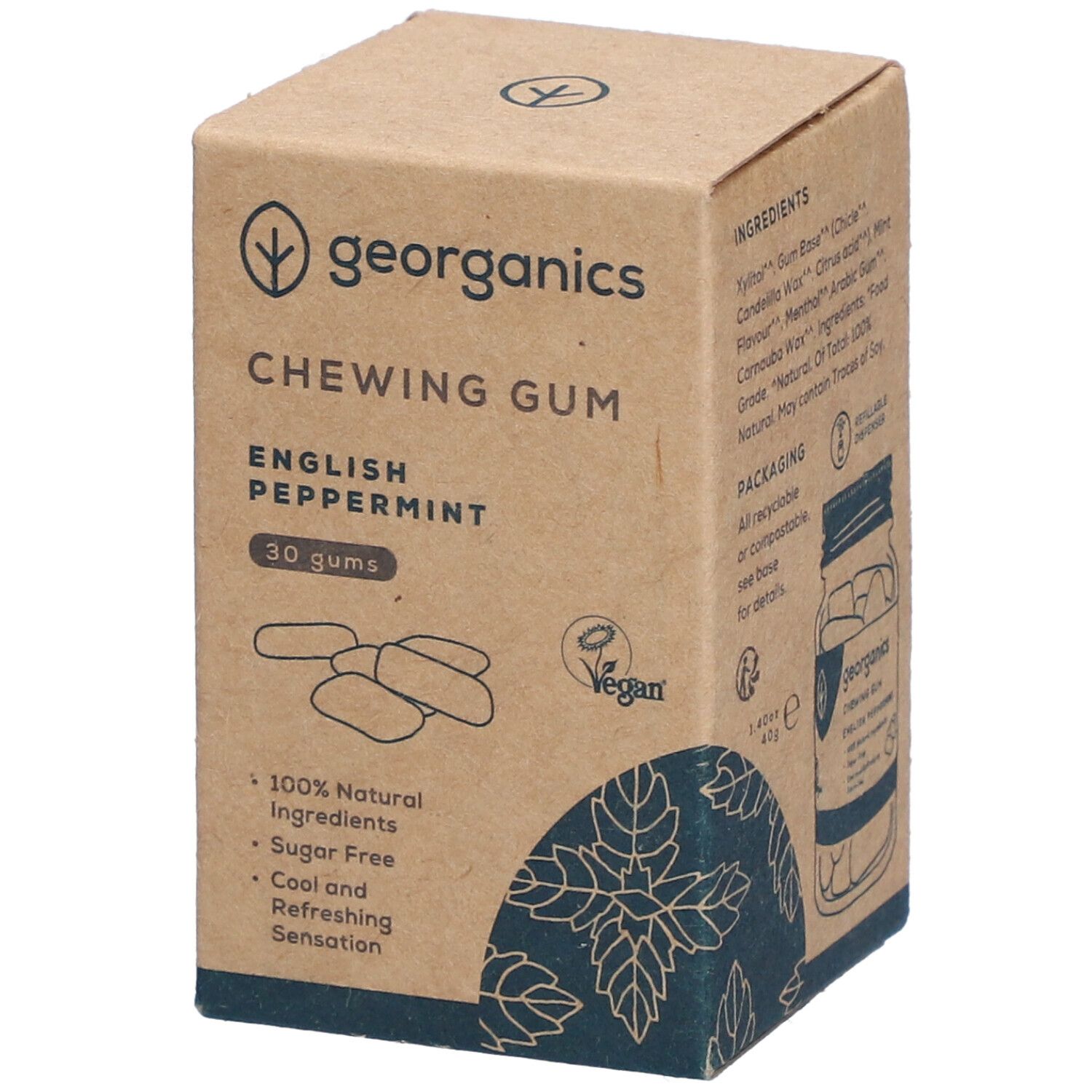 Kartonverpackung mit "georganics"-Logo. "Chewing Gum English Peppermint" mit 30 Kaugummis. Vegan-Siegel. Illustrationen von Kaugummis und Blättern.