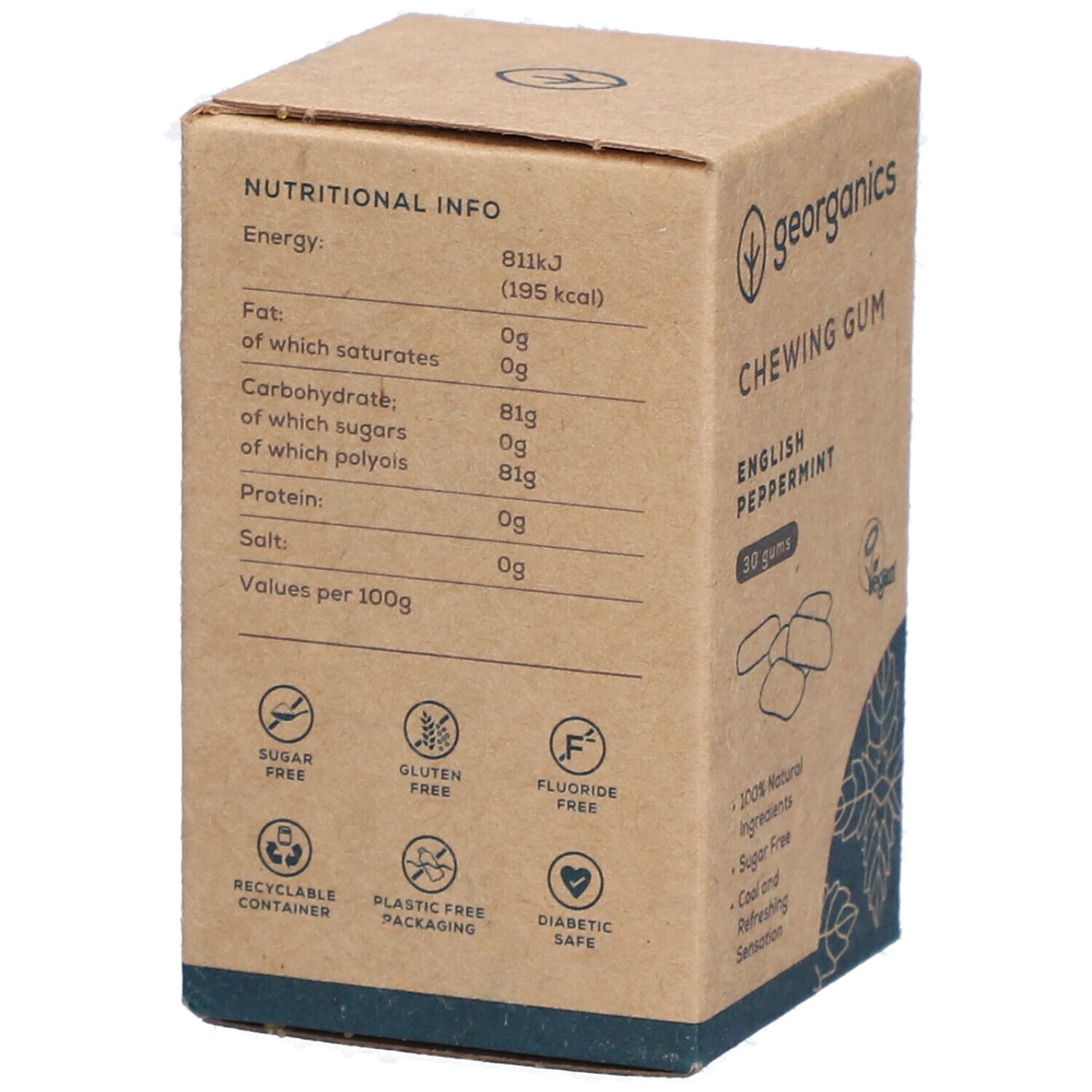 Rückseite der Kartonverpackung. Nährwertangaben. Logos: zuckerfrei, glutenfrei, fluoridfrei, diabetikergeeignet, recycelbar, plastikfreie Verpackung.