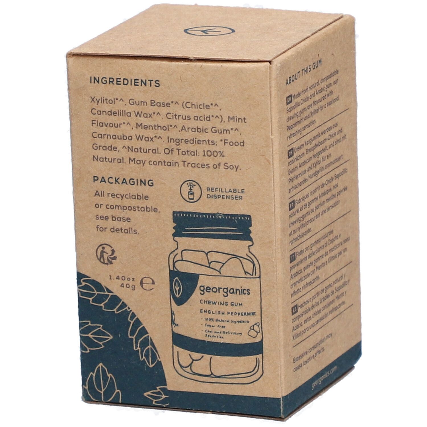 Seite der Kartonverpackung. Zutatenliste. Illustration einer Kaugummidosen. Text: "Packaging: All recyclable or compostable".