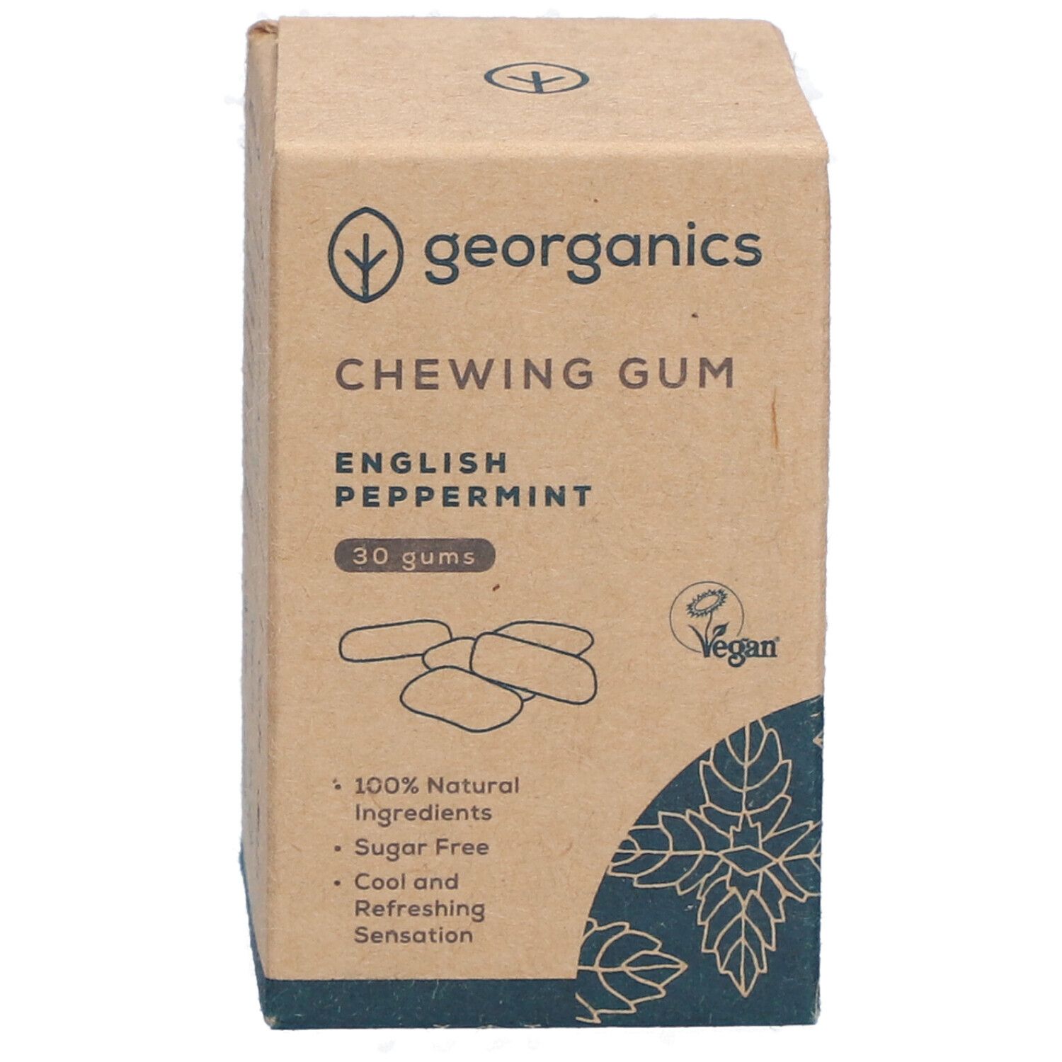 Kartonverpackung mit "georganics"-Logo. "Chewing Gum English Peppermint" mit 30 Kaugummis. Vegan-Siegel. Illustrationen von Kaugummis und Blättern.