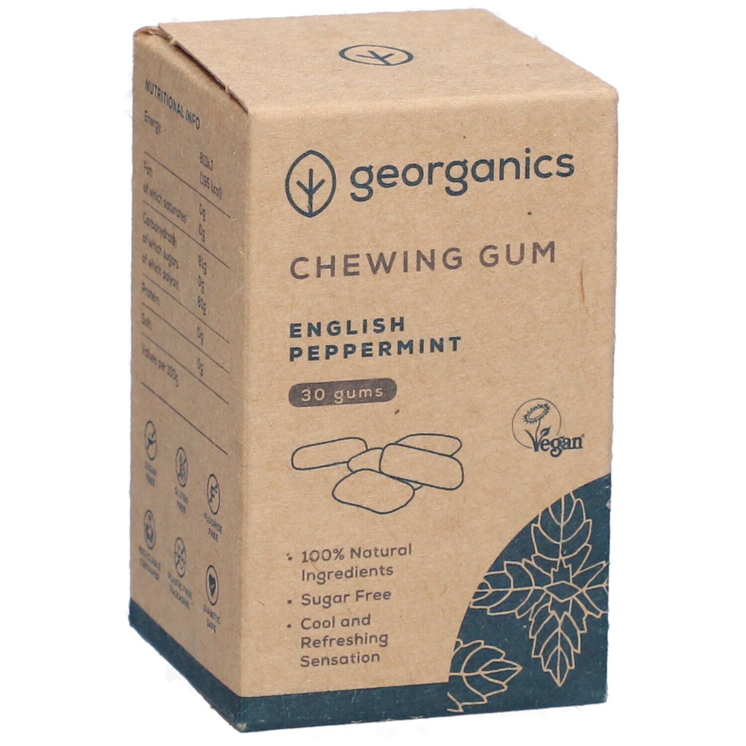 Kartonverpackung mit "georganics"-Logo. "Chewing Gum English Peppermint" mit 30 Kaugummis. Vegan-Siegel. Illustrationen von Kaugummis und Blättern.