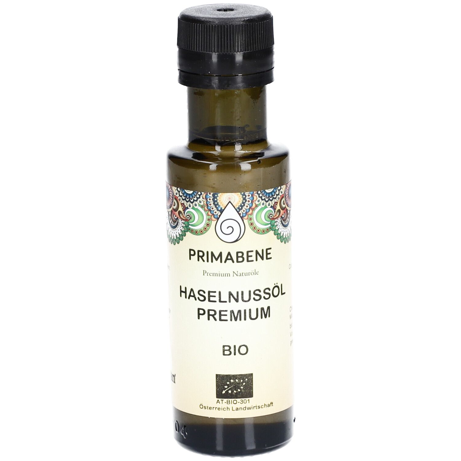 Braune Glasflasche mit schwarzem Deckel. Aufschrift: PRIMABENE, Haselnussöl PREMIUM BIO. Bio-Siegel.