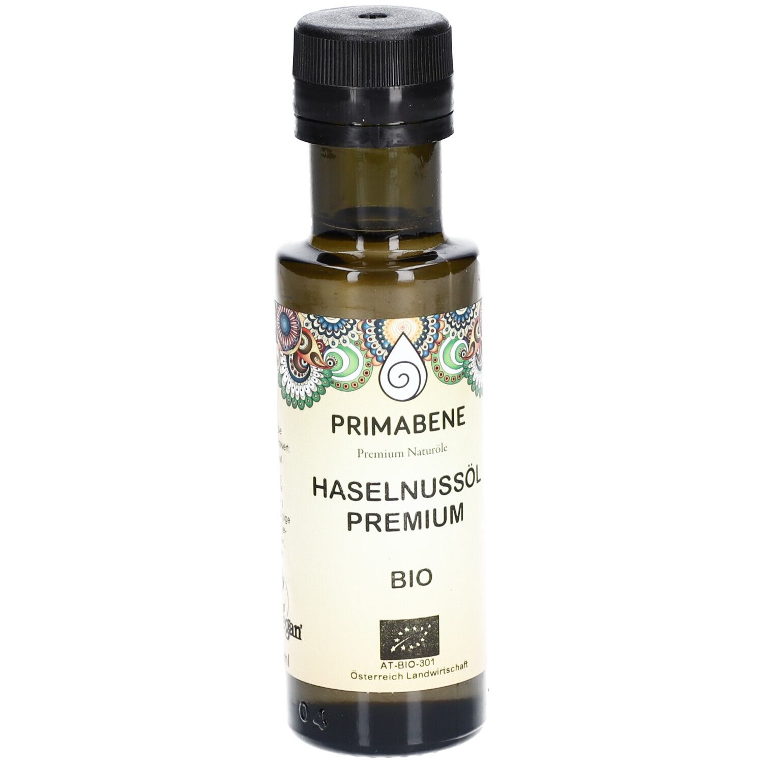Braune Glasflasche mit schwarzem Deckel. Aufschrift: PRIMABENE, Haselnussöl PREMIUM BIO. Bio-Siegel.