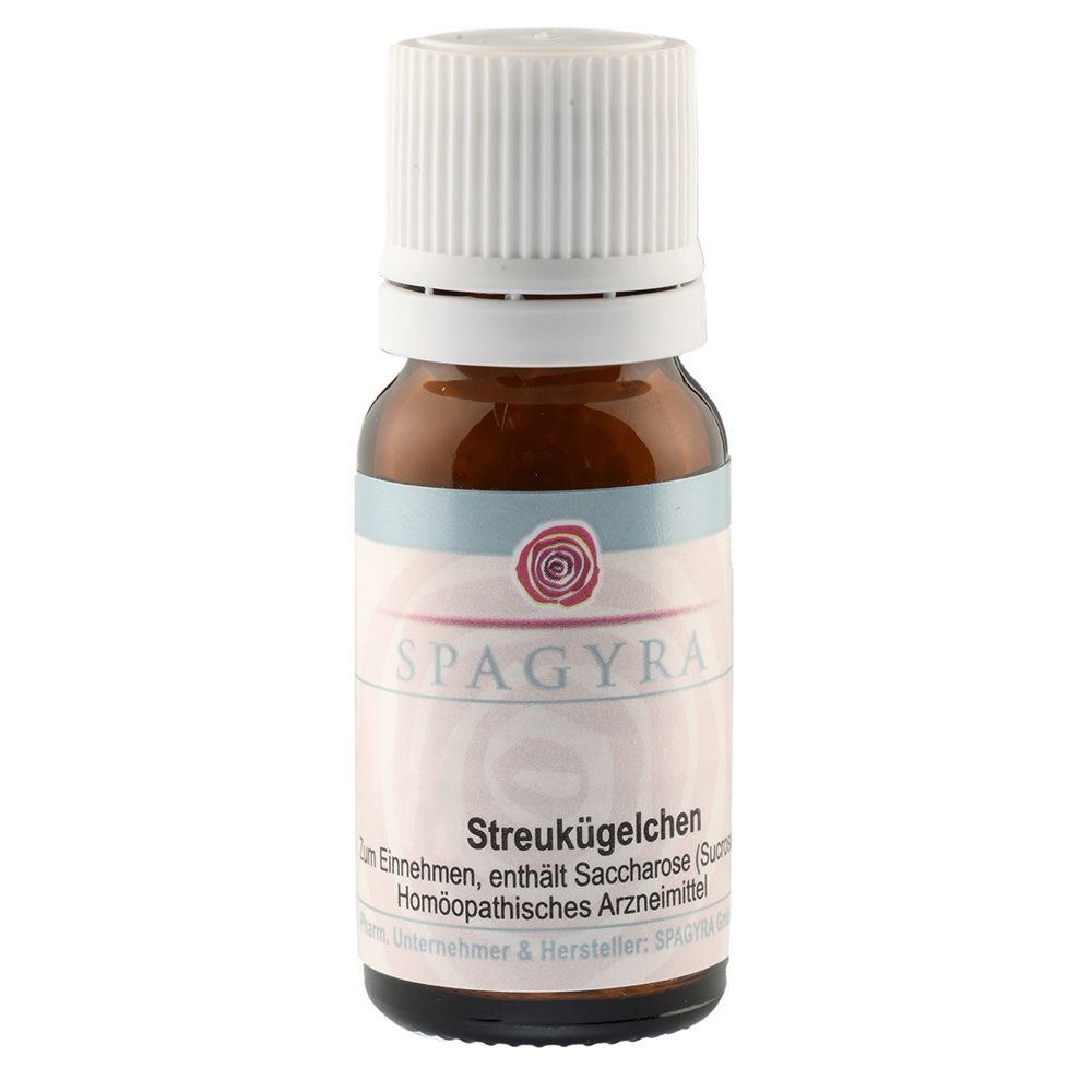 Braune Glasflasche mit weißem Deckel. Etikett mit SPAGYRA-Logo und Text: Streukügelchen. Homöopathisches Arzneimittel.