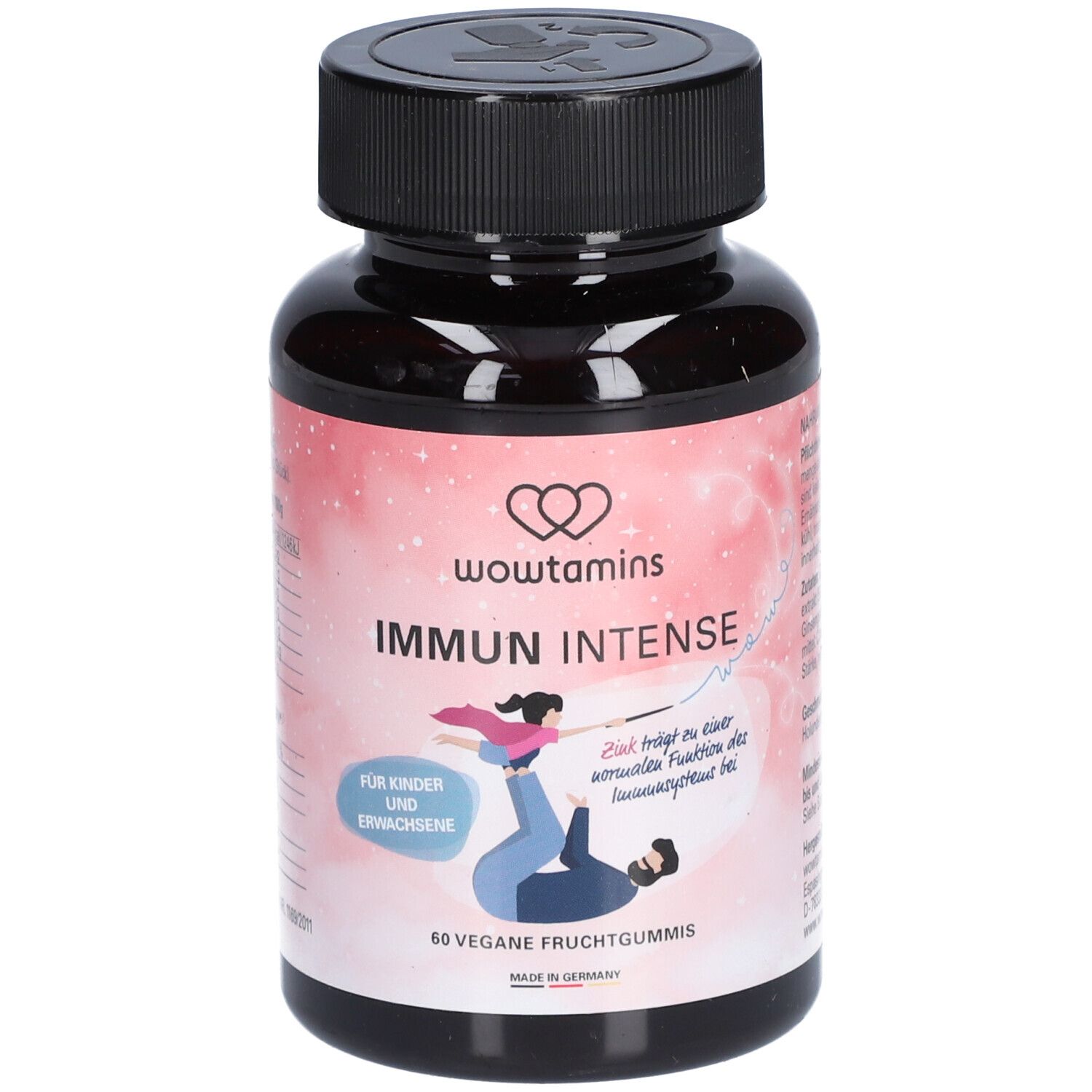 Braune Flasche mit schwarzen Deckel. Aufkleber mit "wowtamins Immun Intense" und Illustrationen. 60 vegane Fruchtgummis.