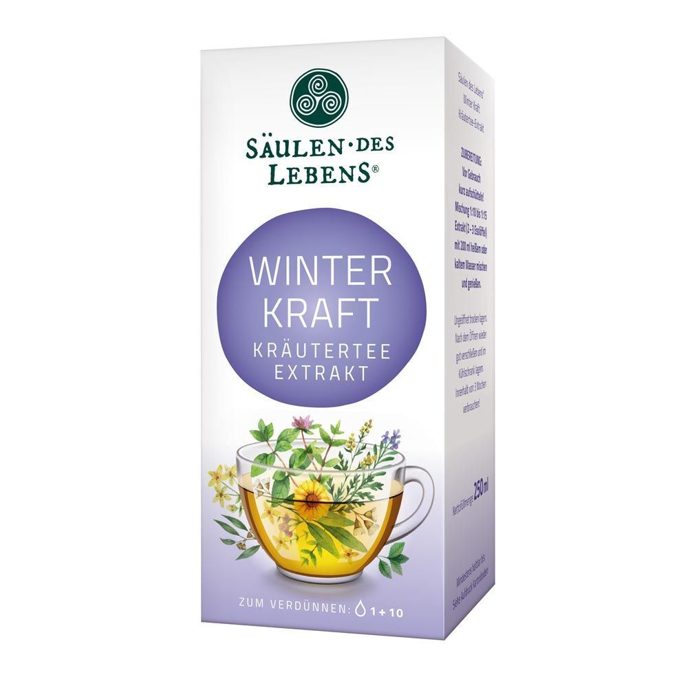 Karton mit „Säulen des Lebens – Winter Kraft Kräutertee Extrakt“. Lila Kreis mit Produktname und Kräuter-Illustration. Zum Verdünnen 1+10.
